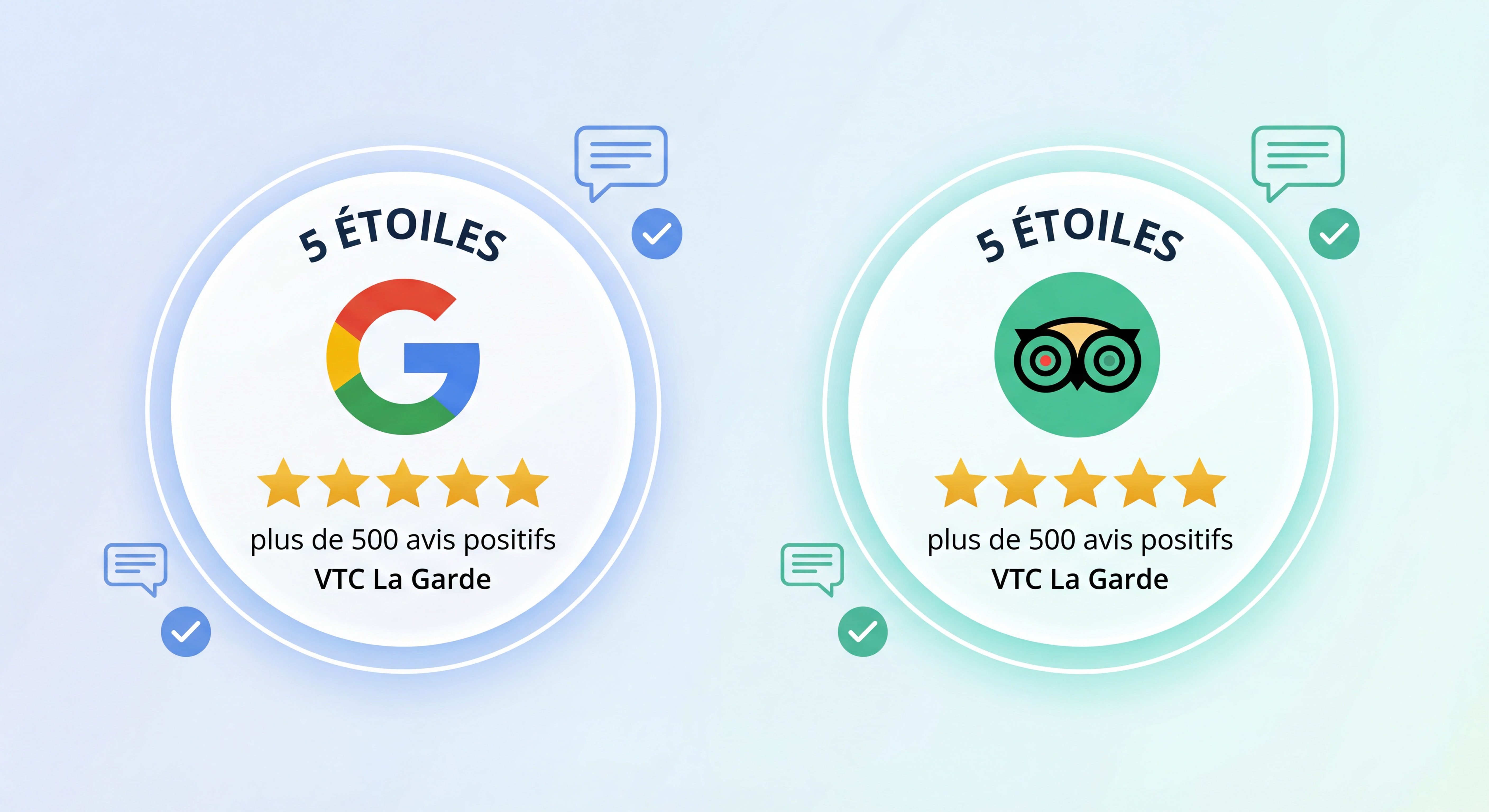 Badges avis Google et TripAdvisor 5 étoiles avec logos officiels montrant plus de 500 avis positifs VTC La Garde