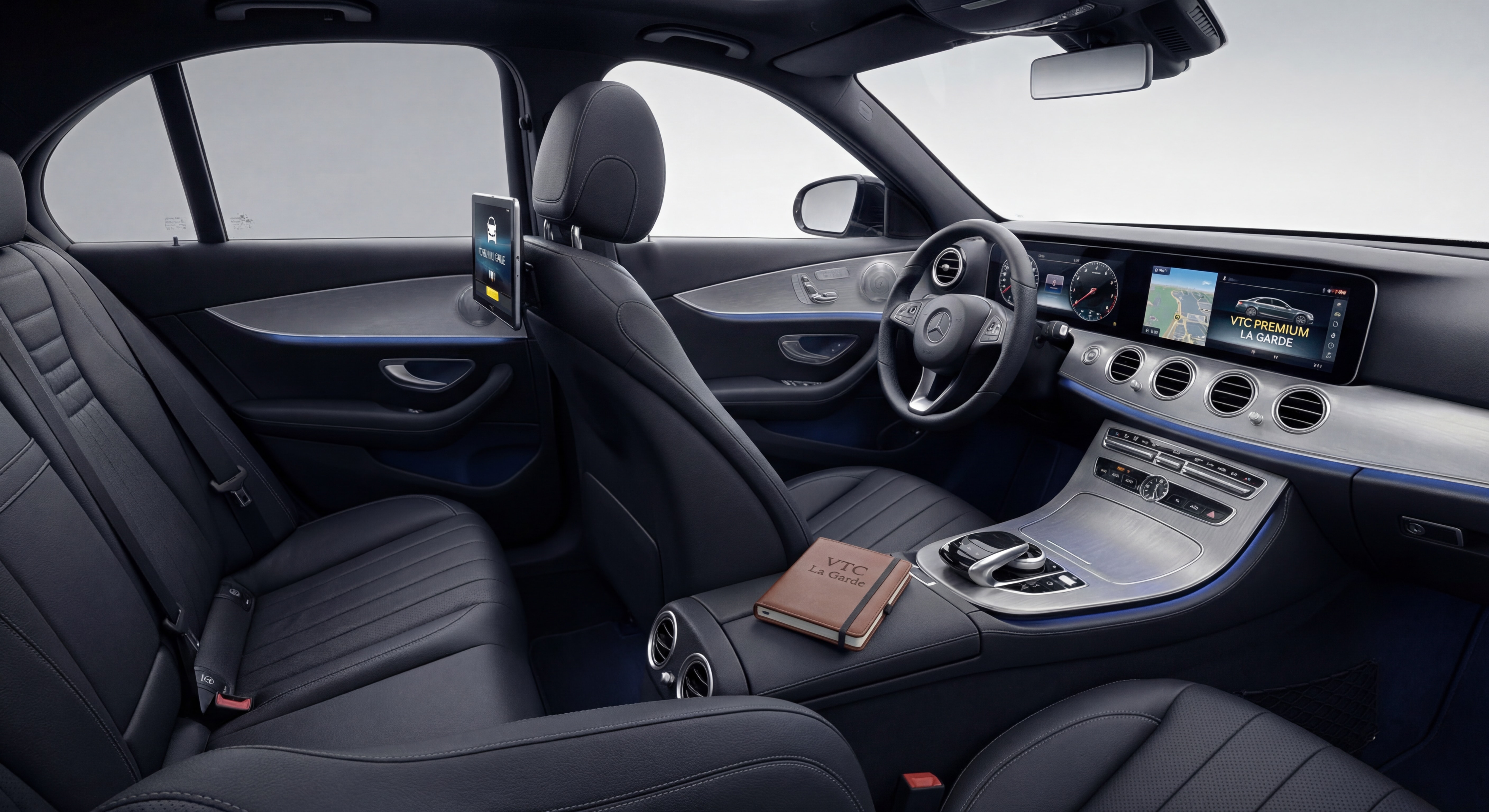 Intérieur luxueux Mercedes Classe E cuir noir - VTC premium La Garde avec sièges en cuir et équipements modernes