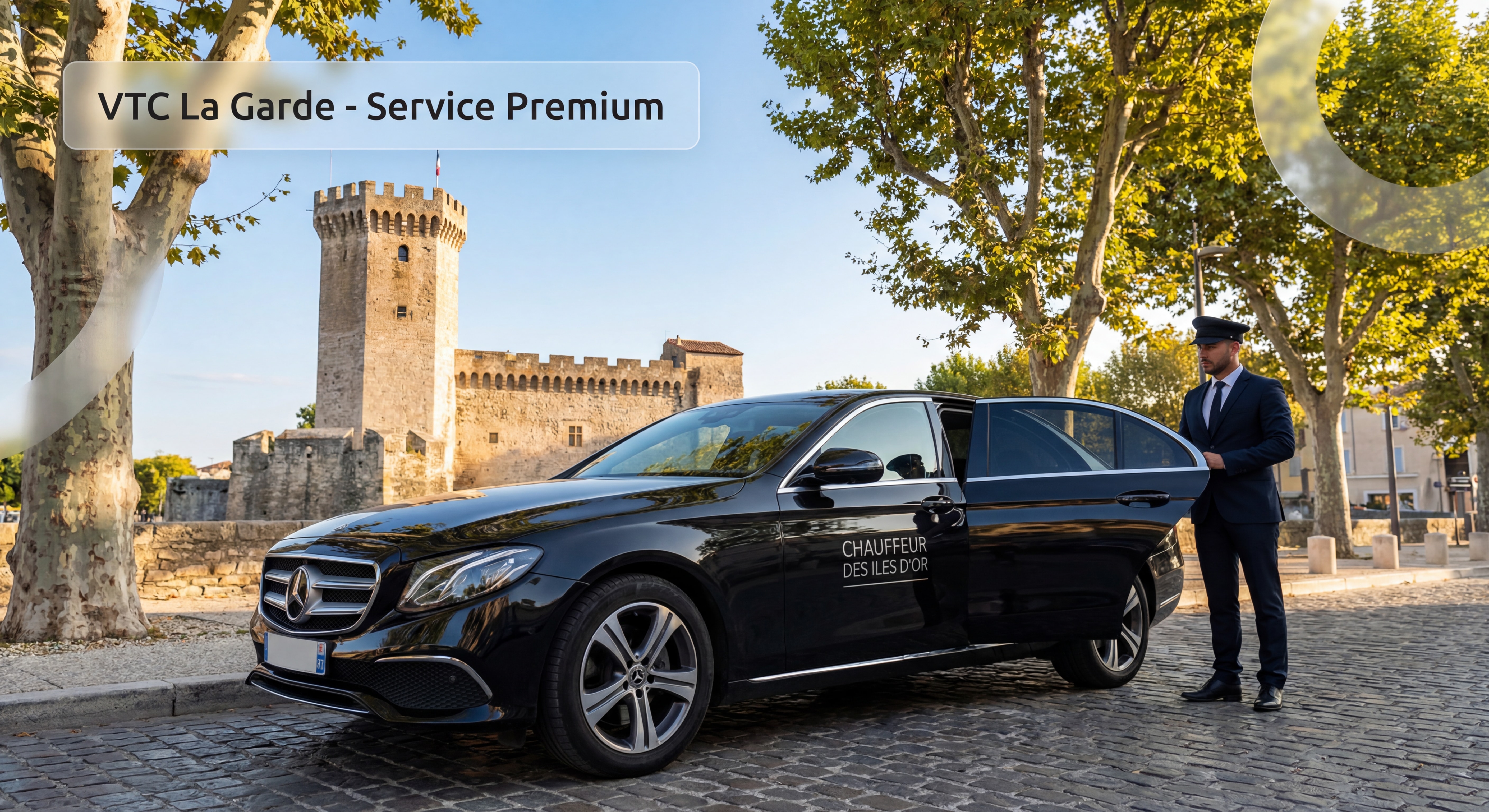 VTC La Garde - Mercedes noir CHAUFFEUR DES ILES D'OR devant monument emblématique de La Garde avec chauffeur professionnel