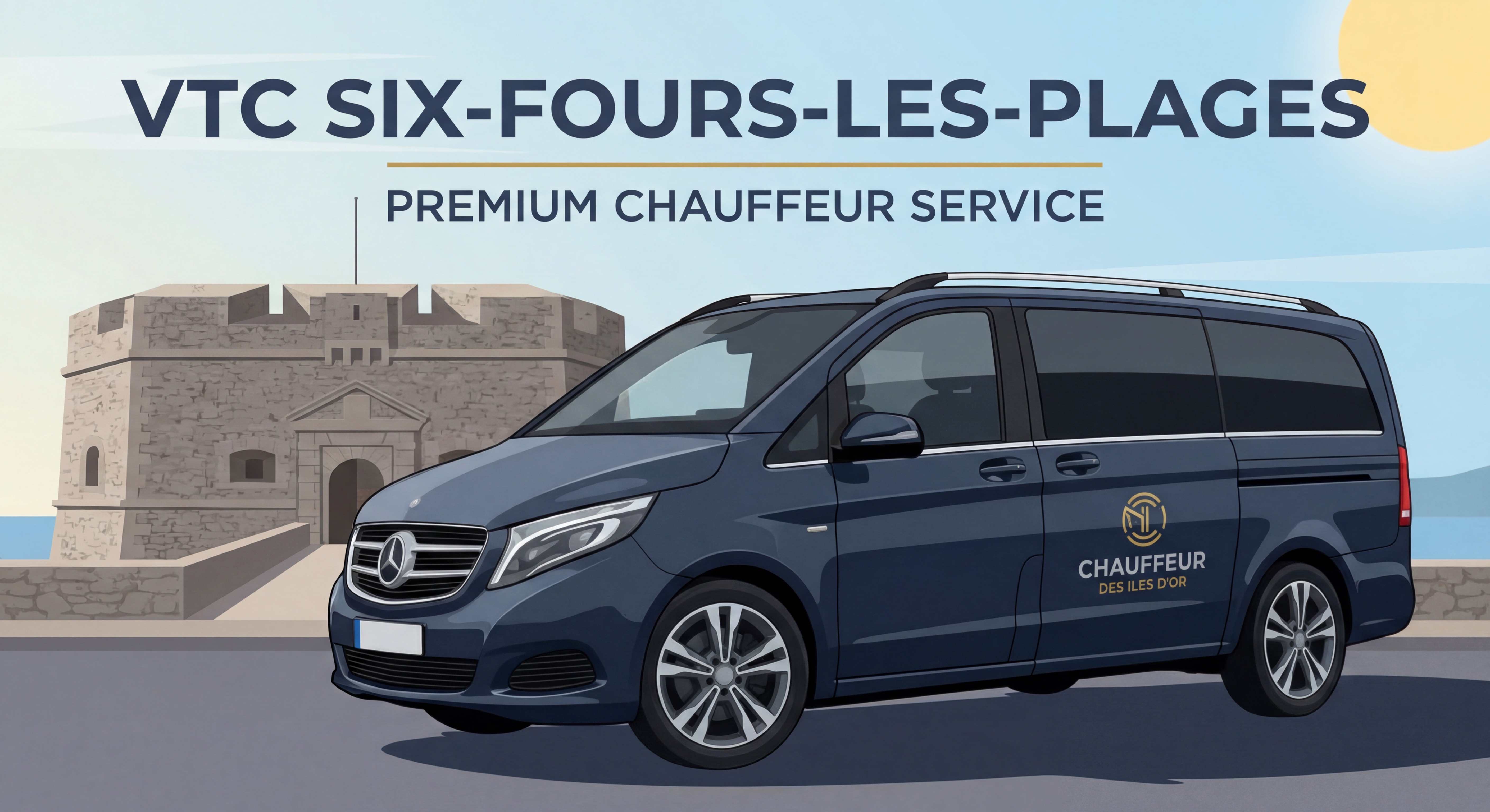 VTC Six-Fours-les-Plages - Van Mercedes premium CHAUFFEUR DES ILES D'OR devant le Fort de Six-Fours