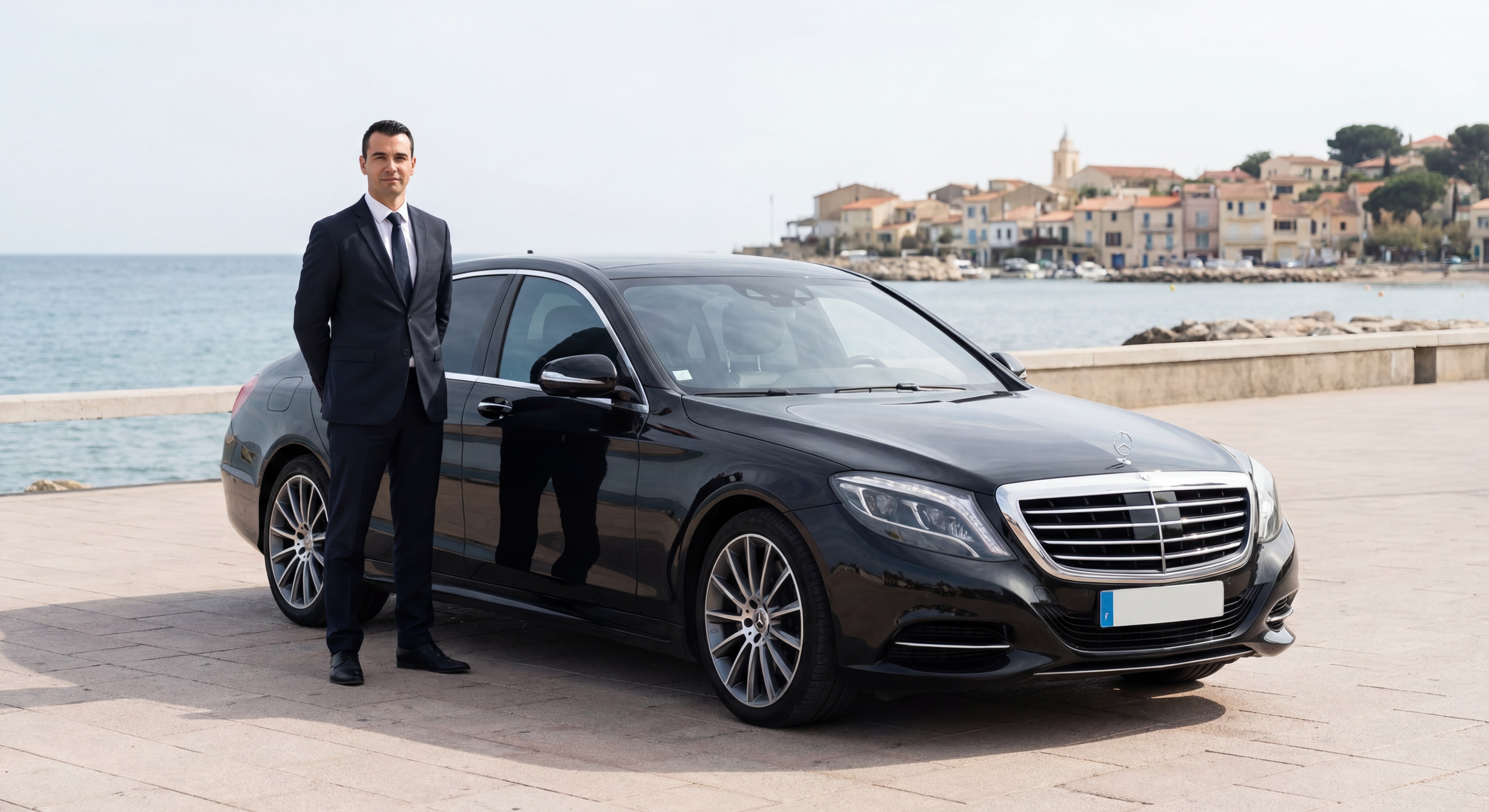 Chauffeur VTC professionnel en costume devant berline Mercedes noire à Six-Fours-les-Plages