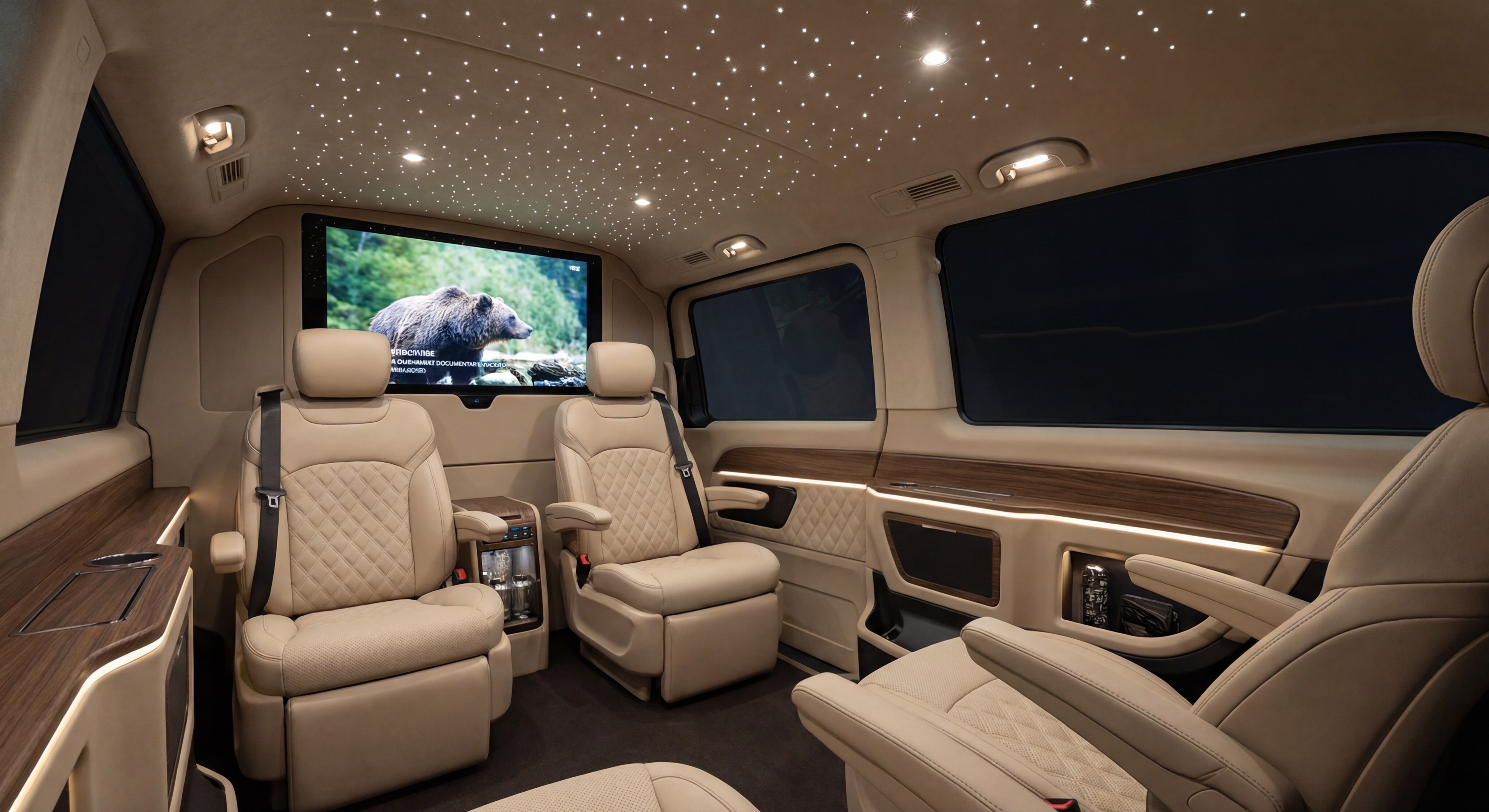 Intérieur luxueux du van VTC avec ciel étoilé LED, sièges cuir beige et écran de divertissement