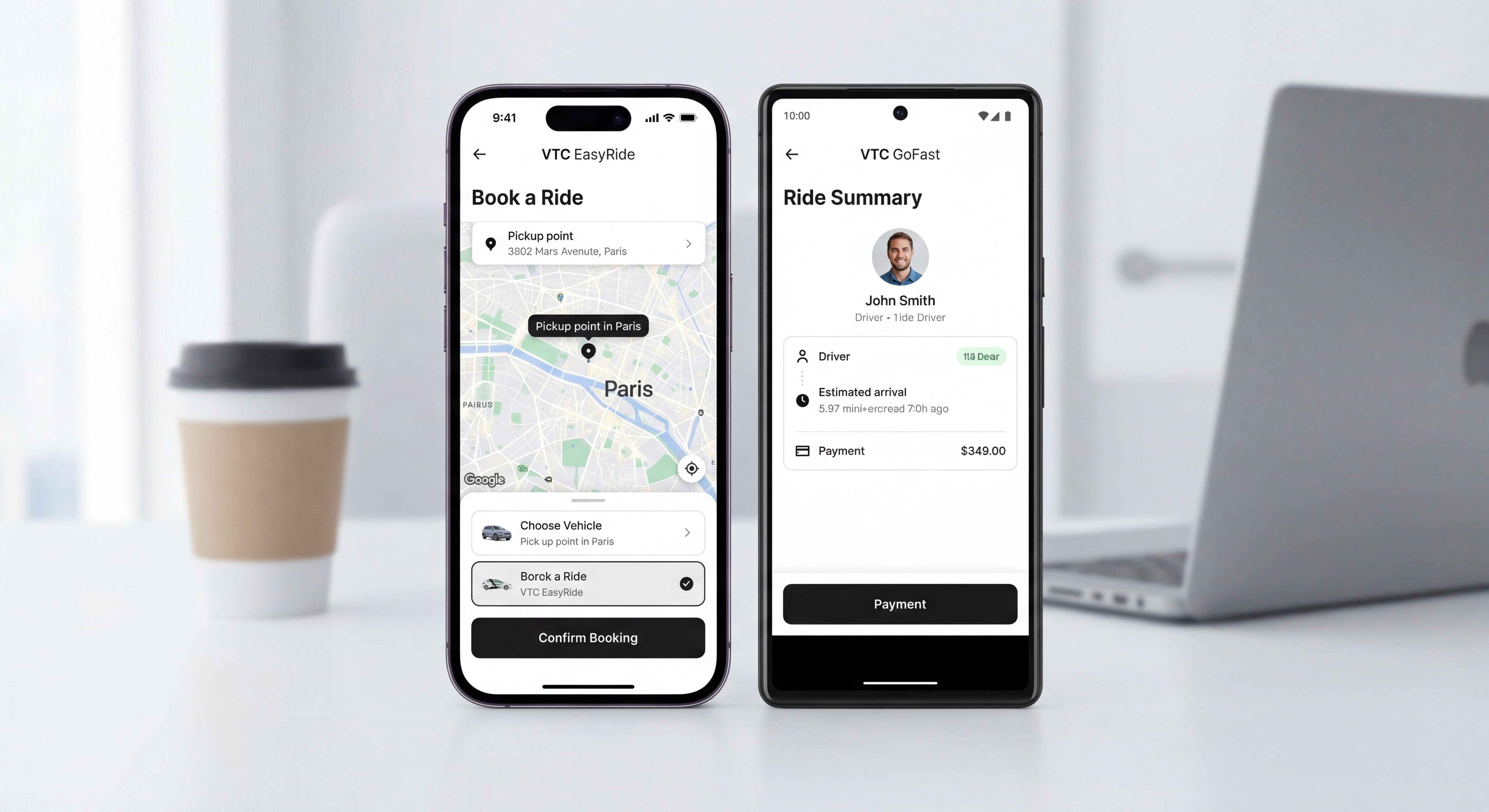 Captures d'écran de l'application mobile VTC sur iPhone et Android montrant l'interface de réservation intuitive