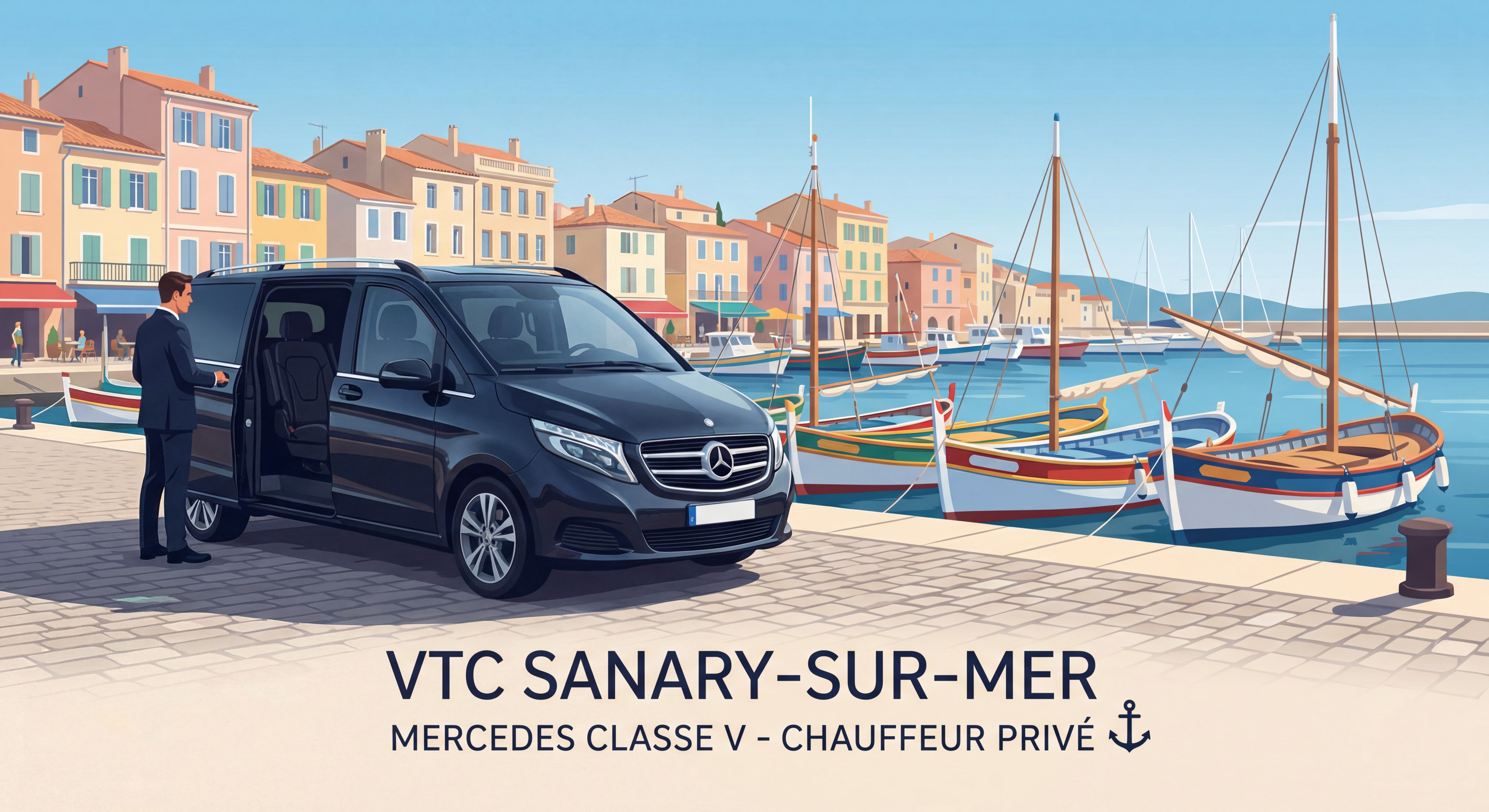 VTC Sanary-sur-Mer - Mercedes Classe V premium avec chauffeur professionnel devant le port coloré de Sanary