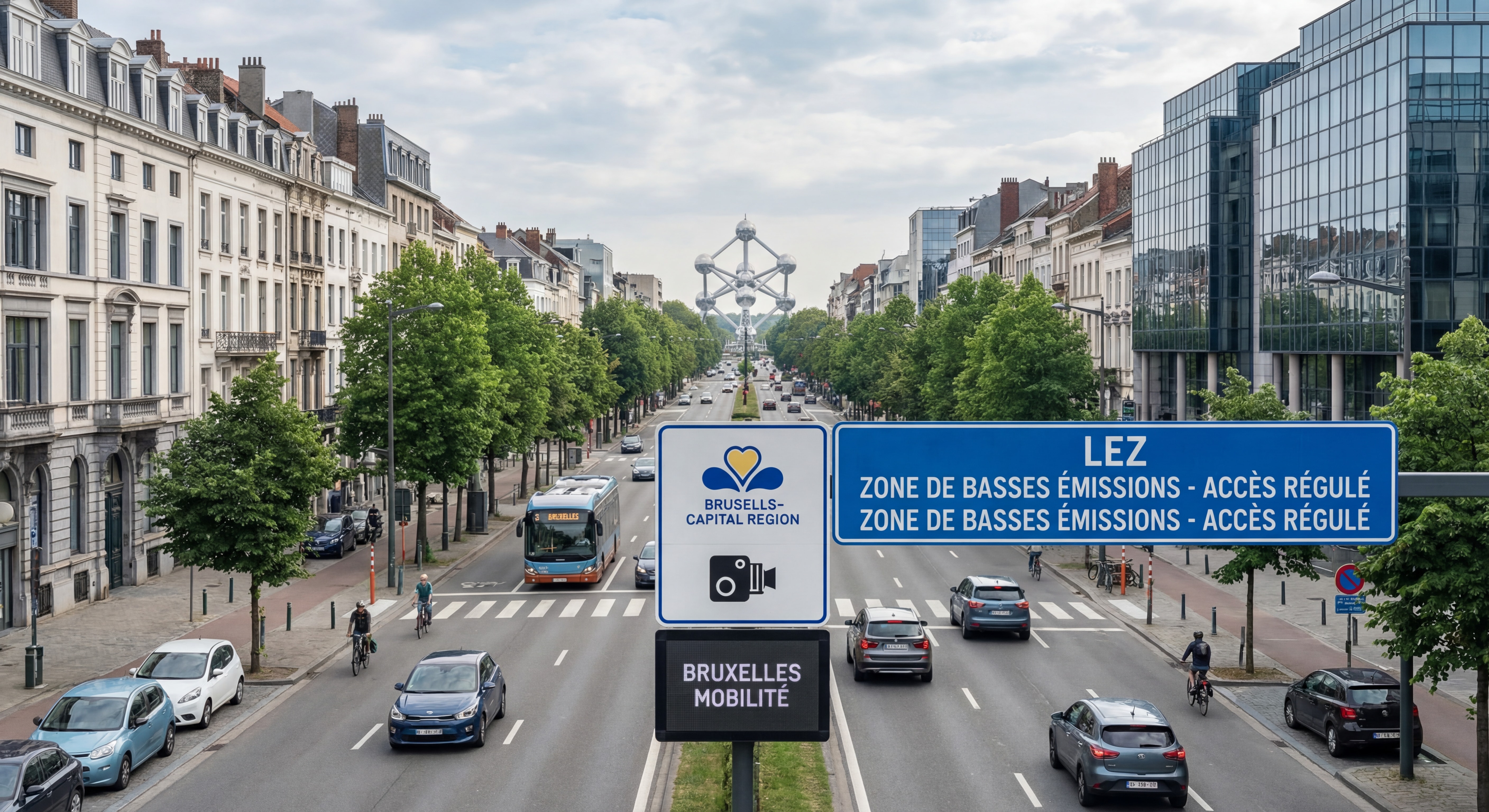 Zone de basses émissions Bruxelles avec panneau LEZ et circulation automobile, vue panoramique ultra-réaliste de la capitale belge