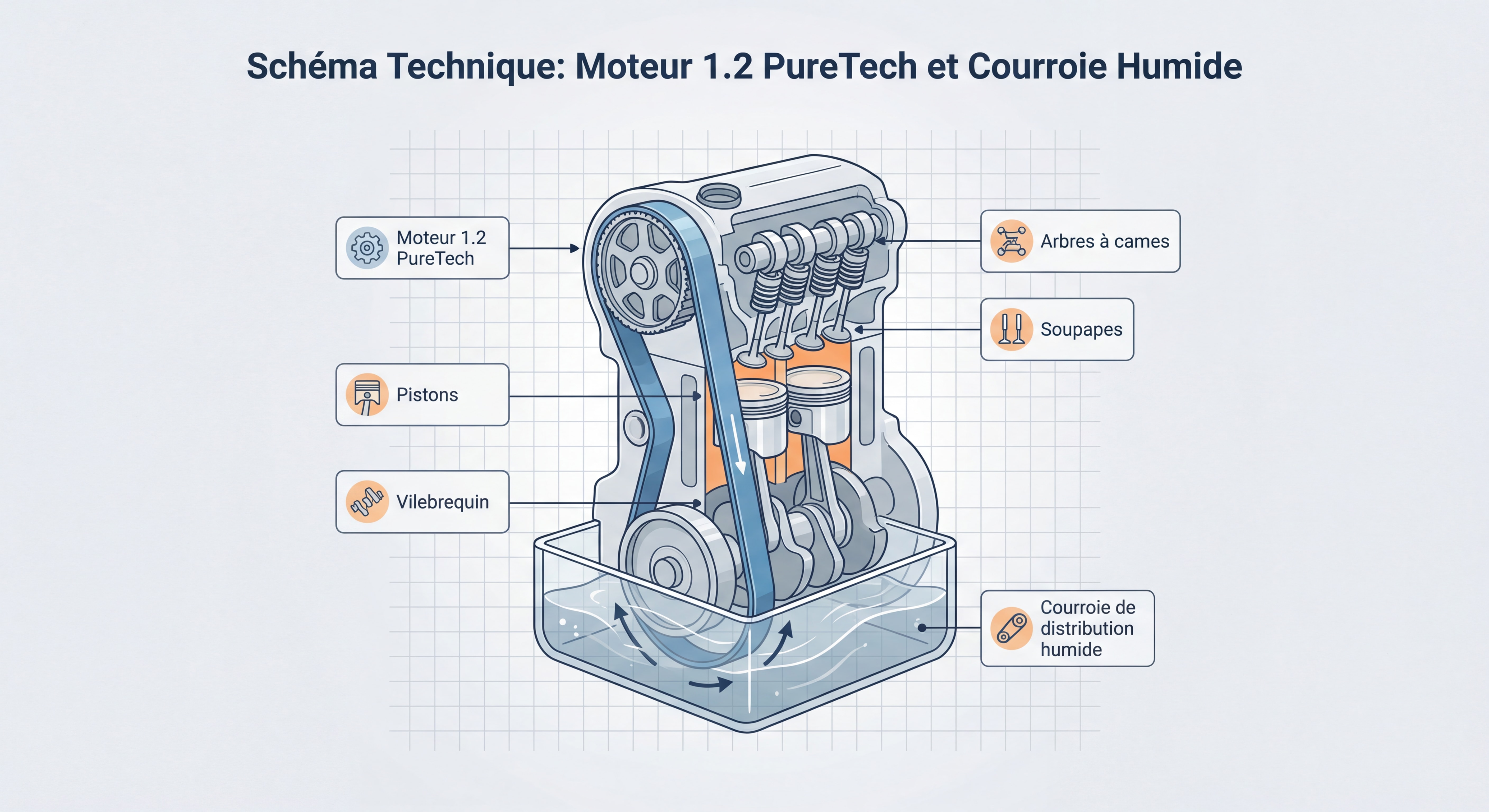 Schéma technique du moteur 1.2 PureTech montrant la courroie de distribution humide et les composants principaux