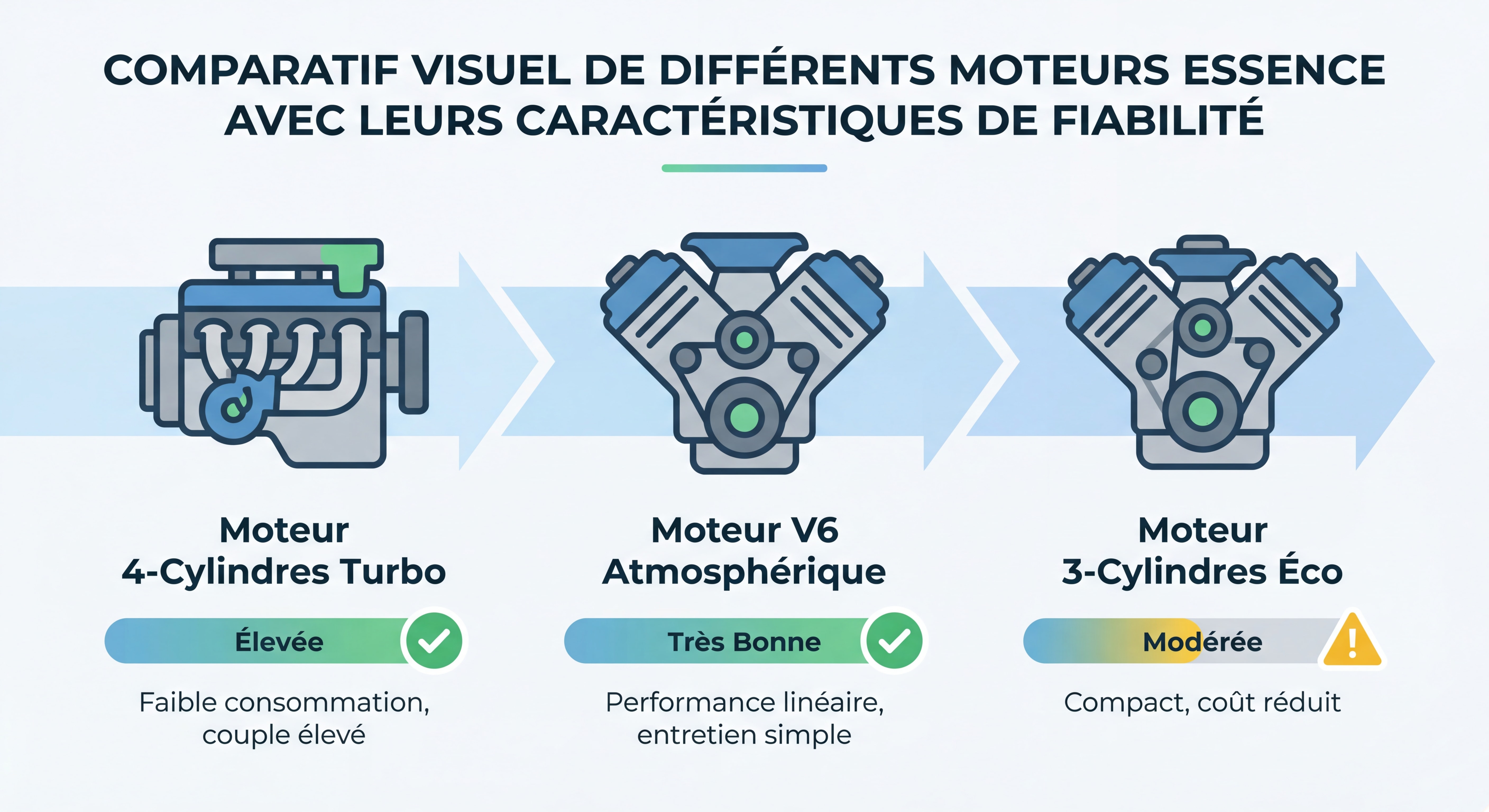 Comparatif visuel de différents moteurs essence avec leurs caractéristiques de fiabilité