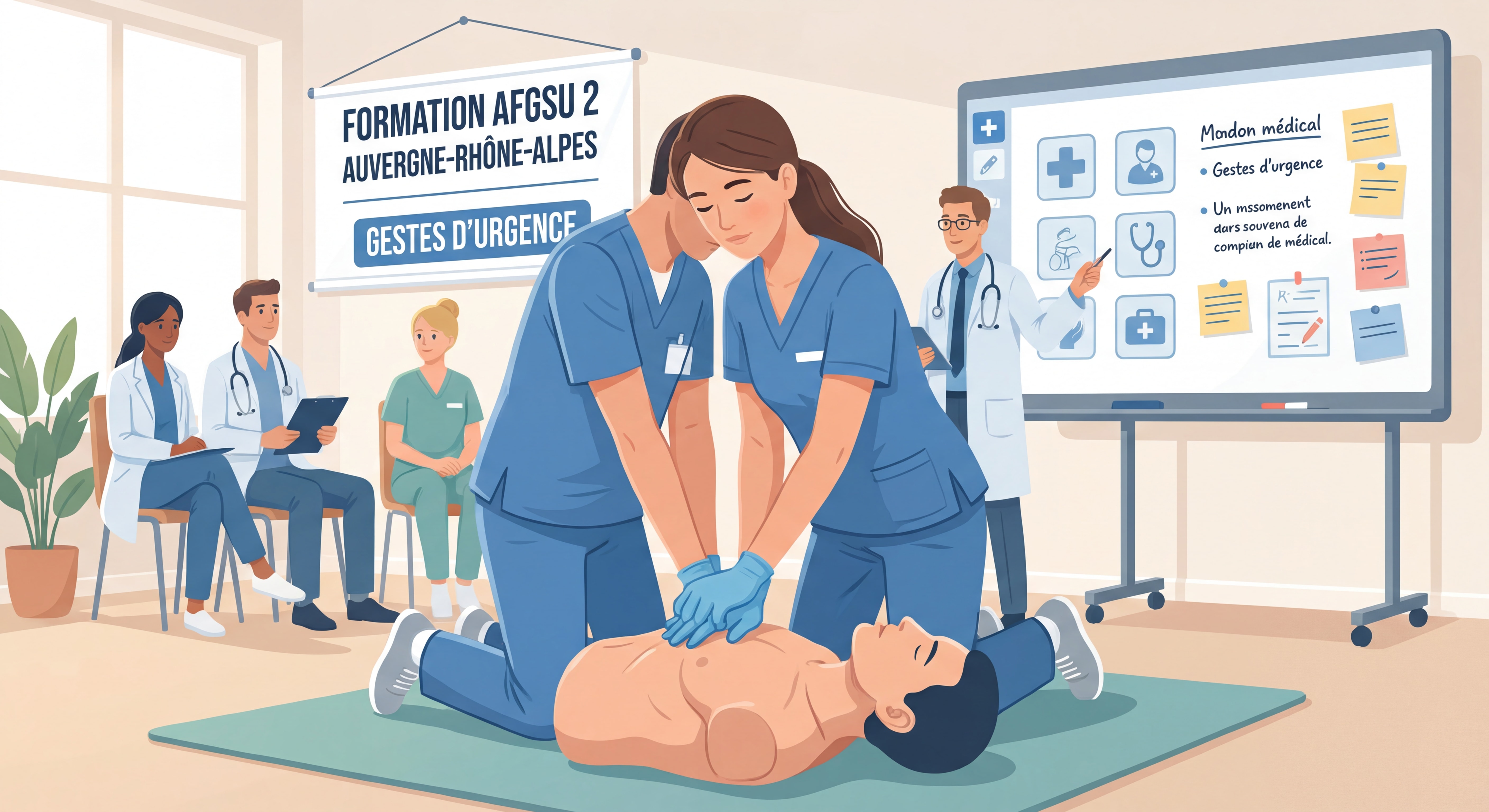 Professionnel de santé pratiquant la réanimation cardio-pulmonaire lors d'une formation AFGSU 2 dans la région Auvergne-Rhône-Alpes