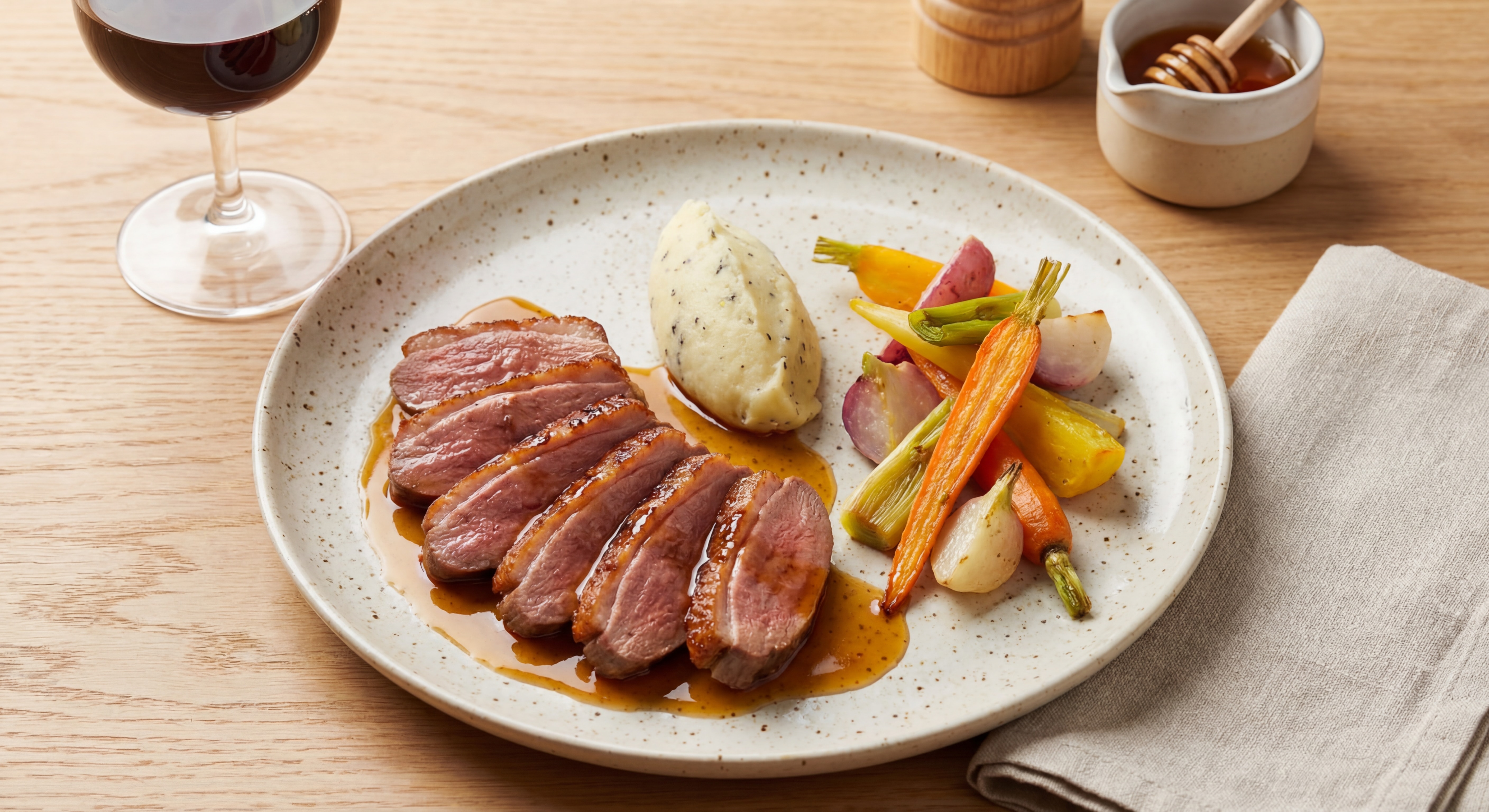 Assiette gastronomique de magret de canard tranché en éventail avec sauce au miel, accompagné d'écrasé de pommes de terre à la truffe et légumes colorés