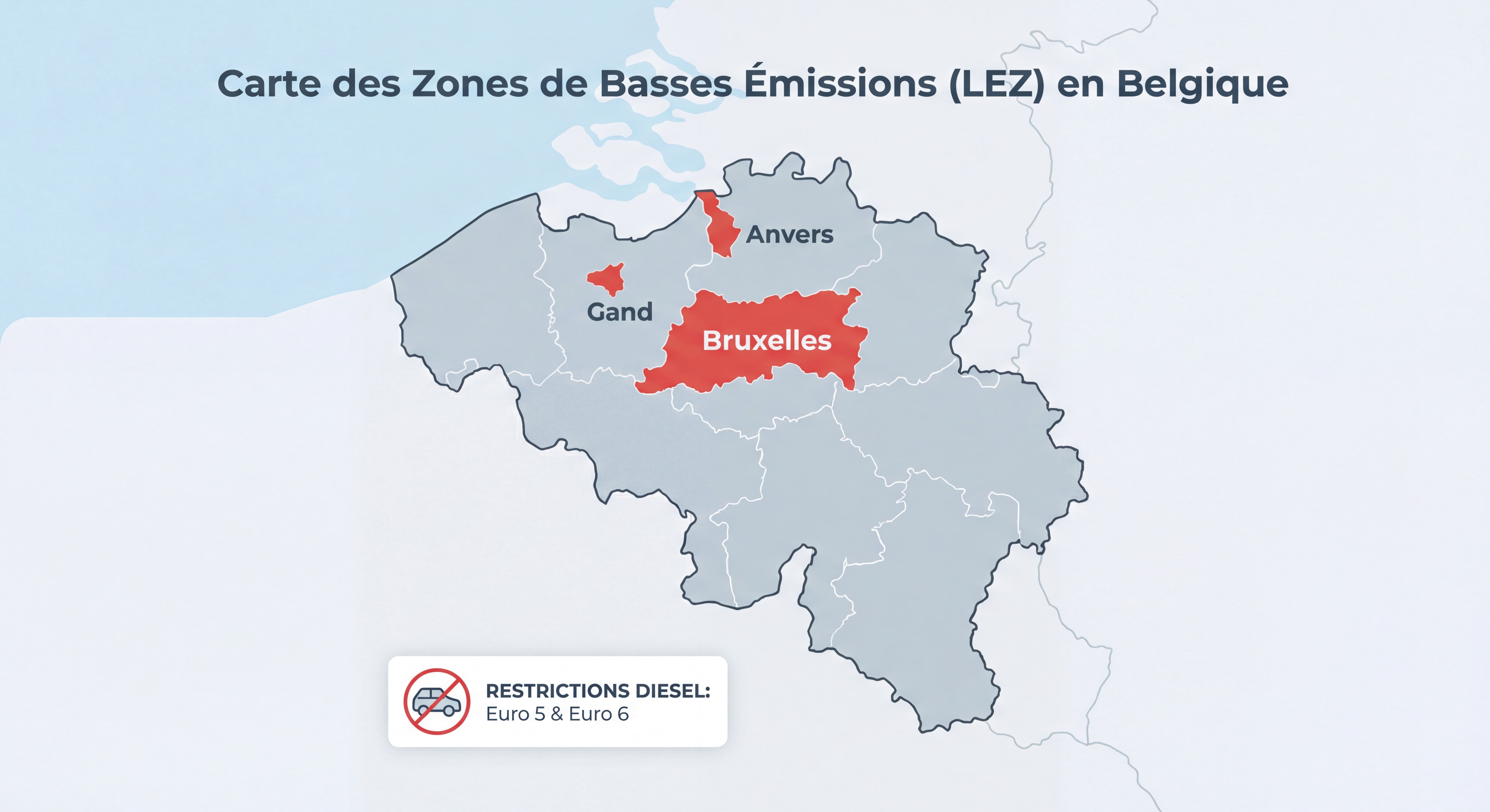 Carte des zones LEZ en Belgique avec Bruxelles, Anvers et Gand en rouge, indiquant les restrictions diesel Euro 5 et Euro 6