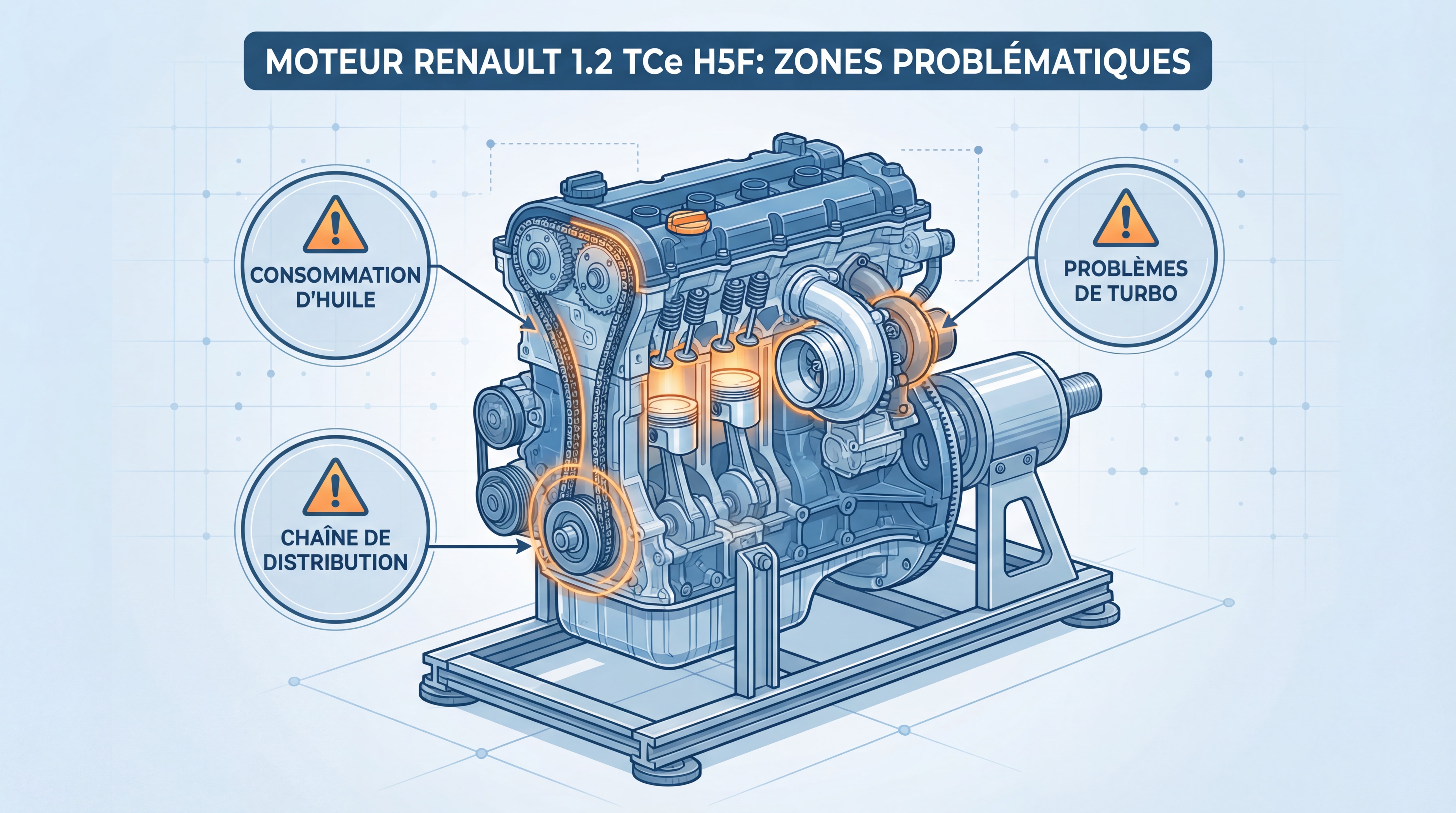 Moteur Renault 1.2 TCe H5F monté sur banc d'essai avec composants visibles - illustration des zones problématiques