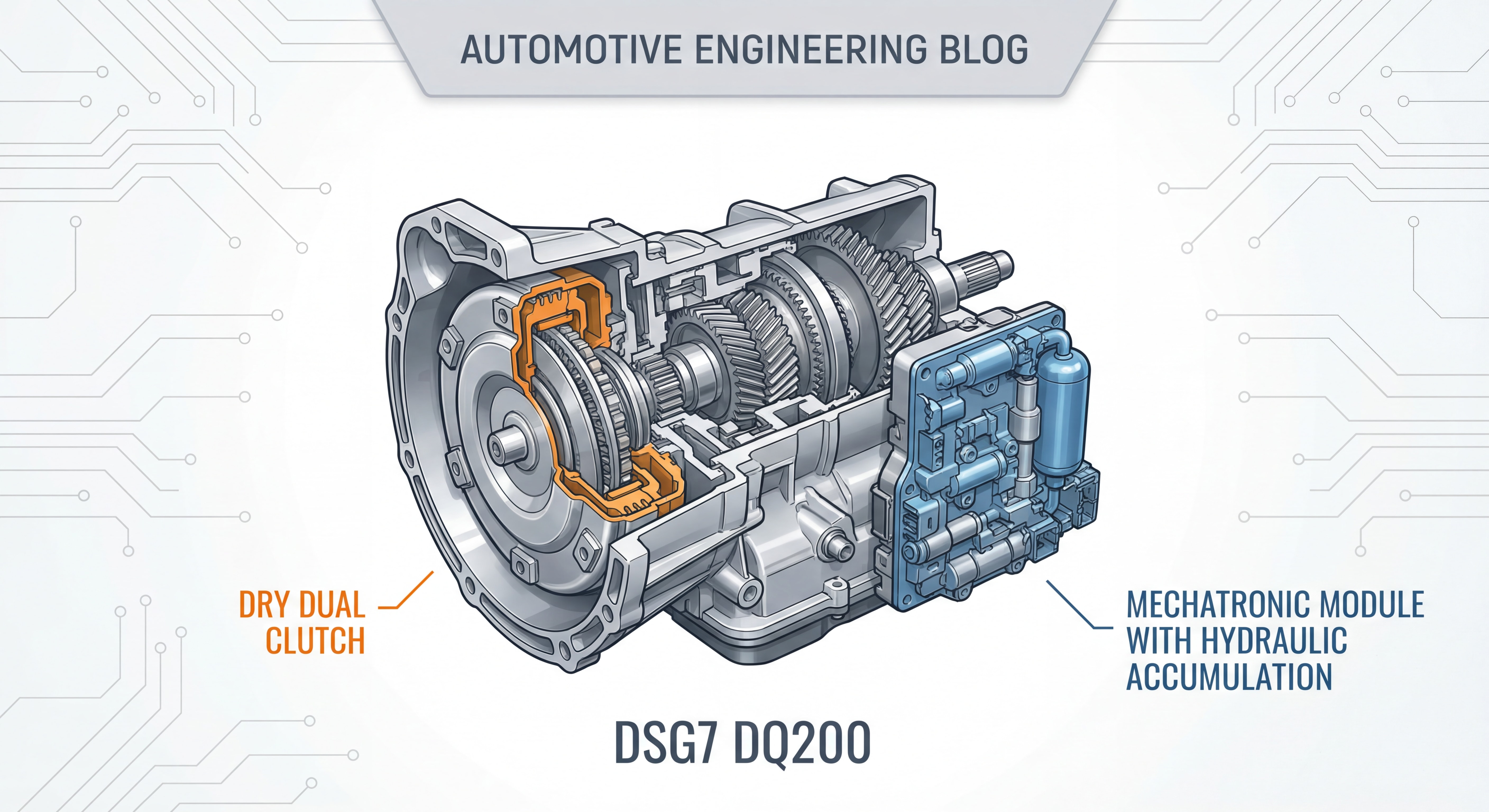 Boîte DSG7 DQ200 démontée montrant le double embrayage à sec et le module mécatronique avec accumulation hydraulique