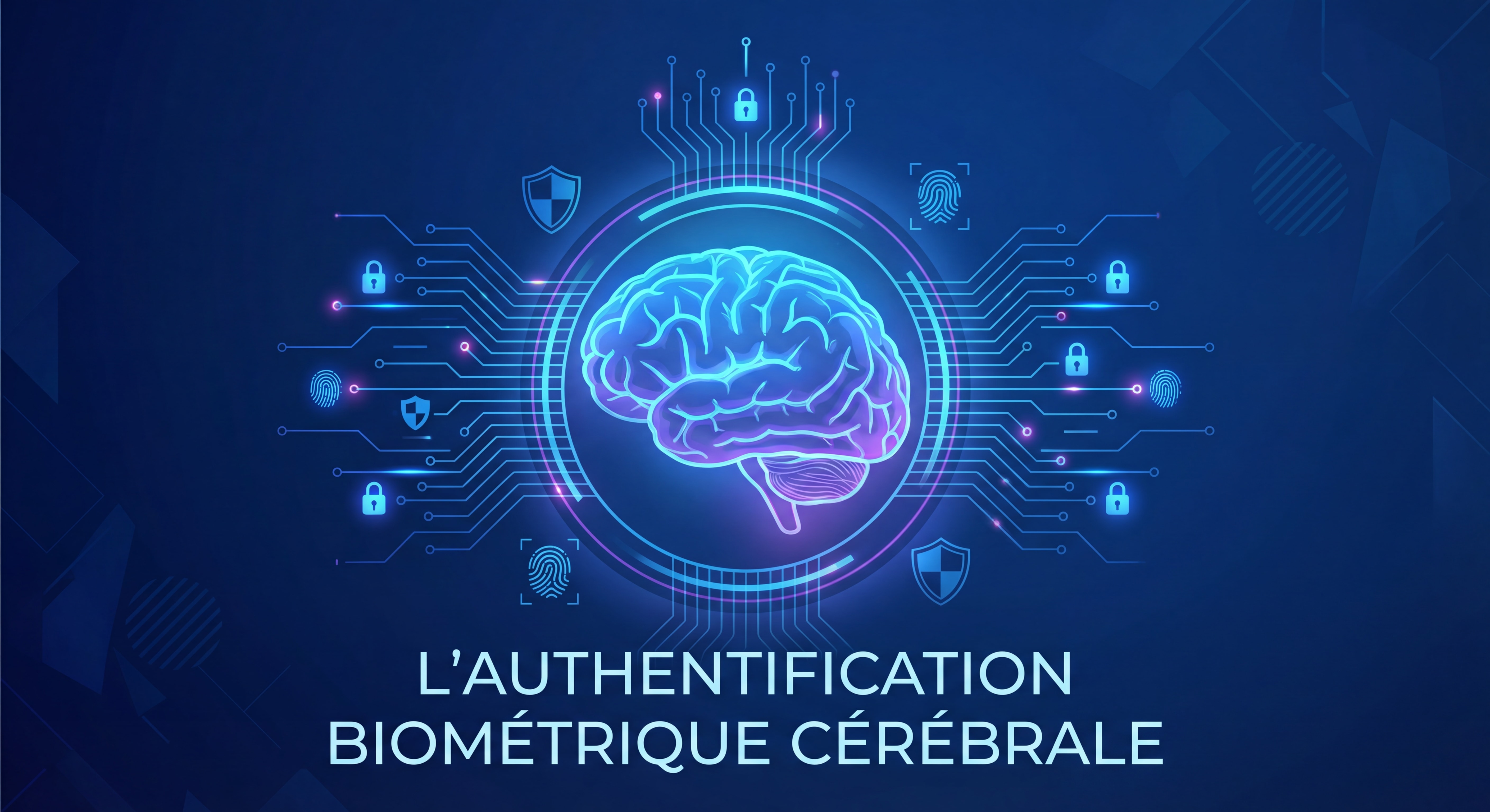 Illustration futuriste montrant un cerveau humain entouré de connexions neuronales lumineuses et de symboles de sécurité numérique, représentant l'authentification biométrique cérébrale