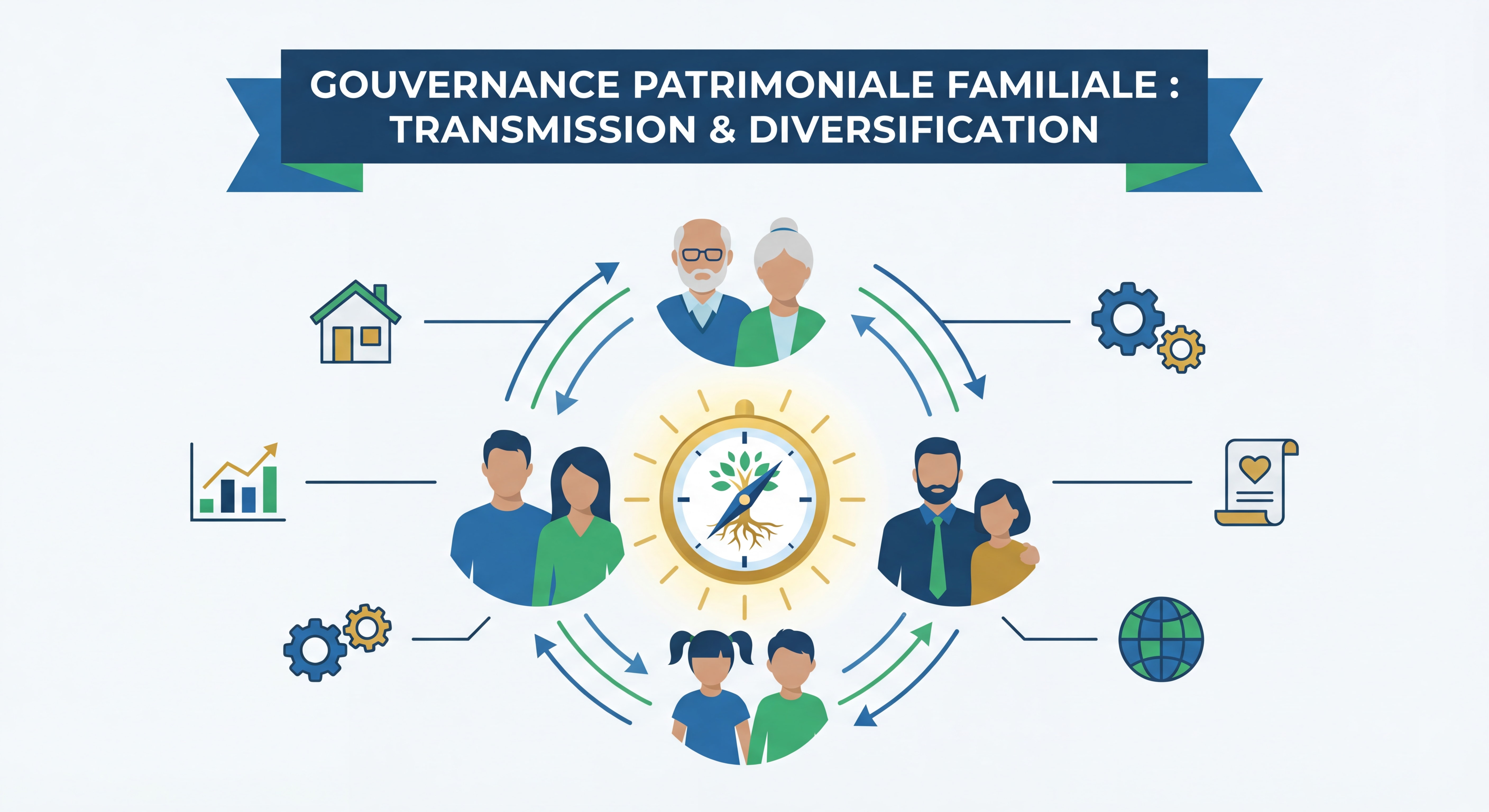 Illustration moderne d'une gouvernance patrimoniale familiale multigénérationnelle avec transmission de valeurs et symboles de diversification d'actifs