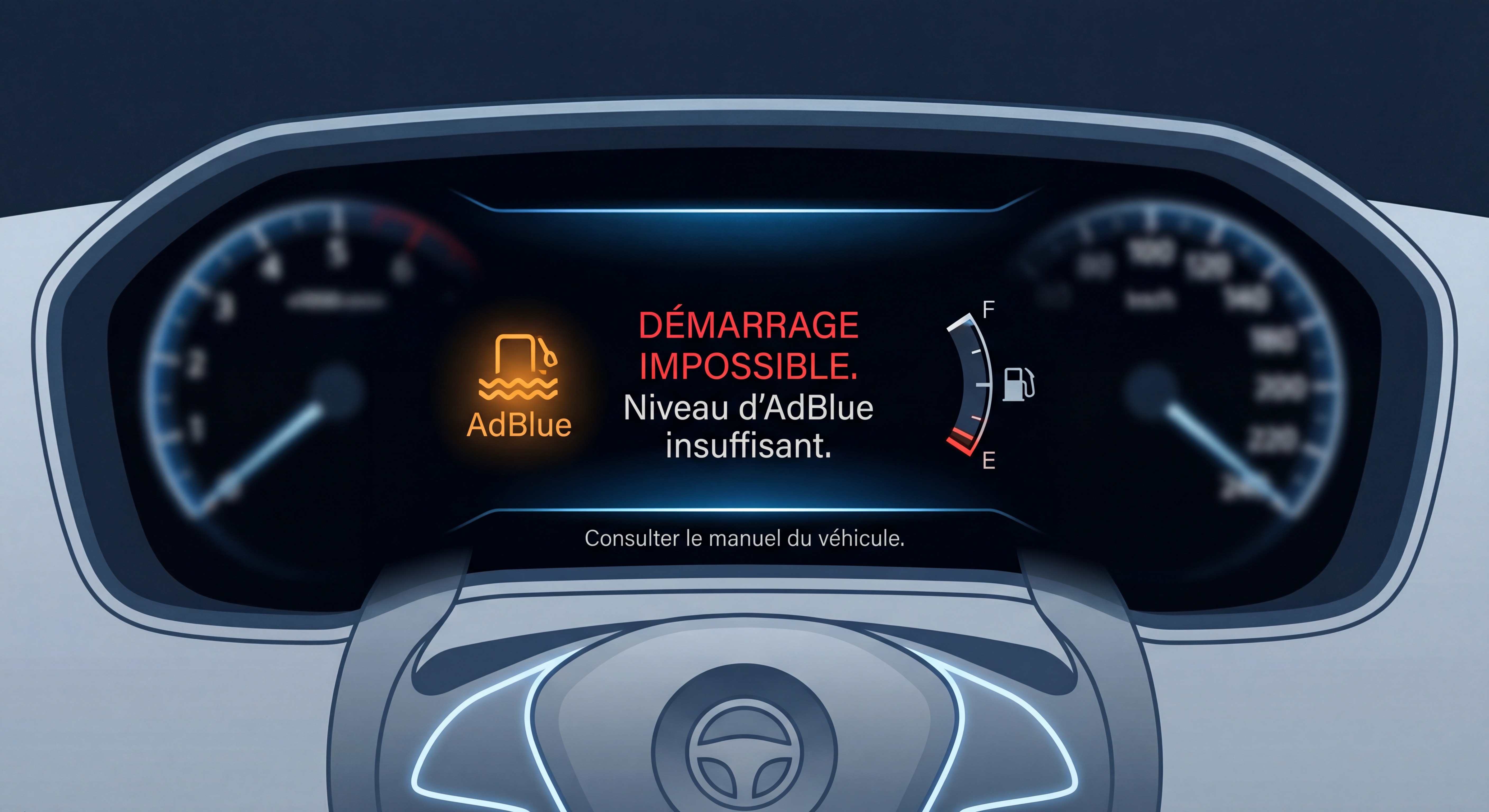 Tableau de bord diesel avec voyant AdBlue allumé et message d'alerte démarrage impossible