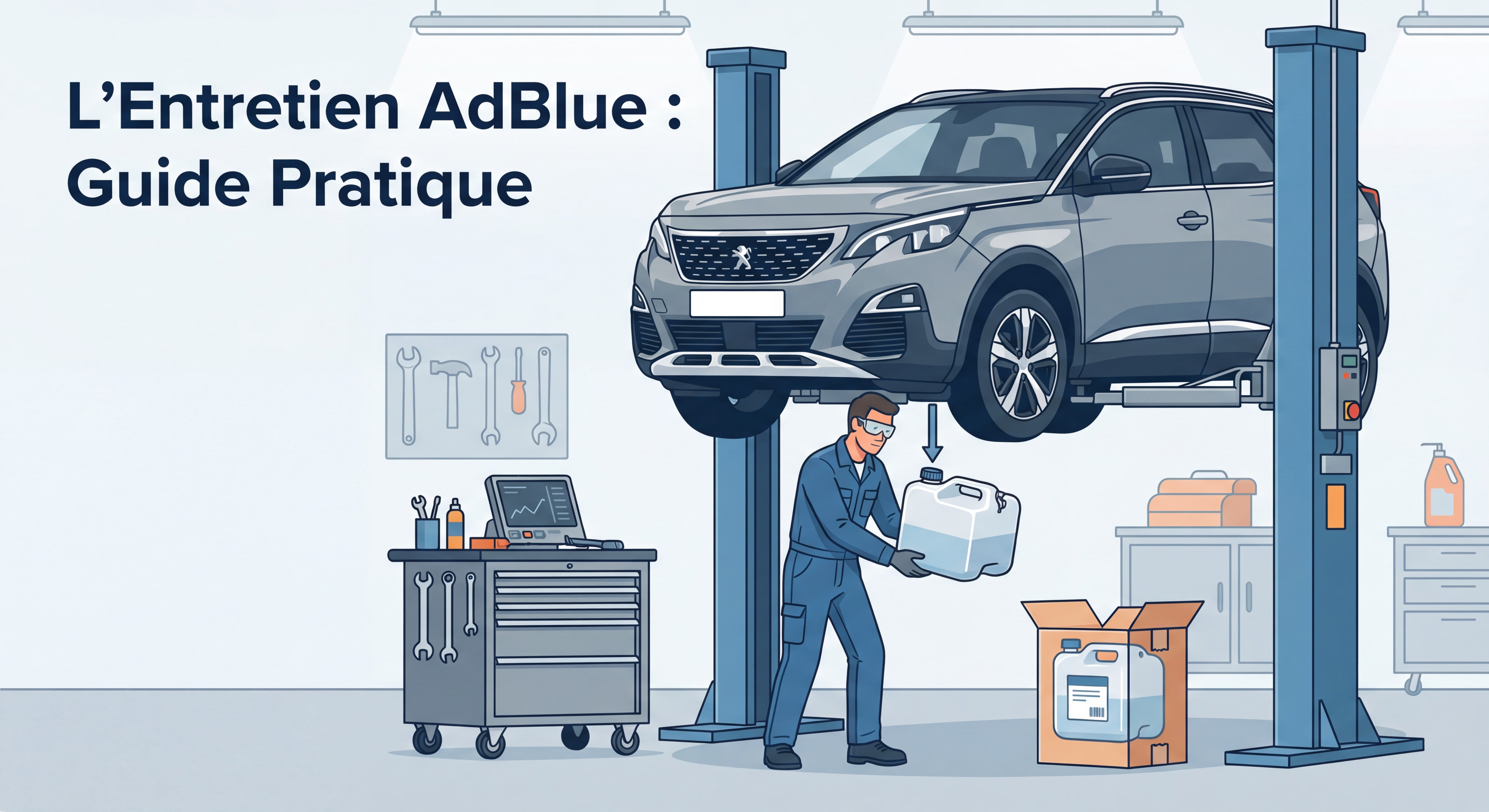 Mécanicien remplaçant réservoir AdBlue sous véhicule Peugeot sur pont élévateur