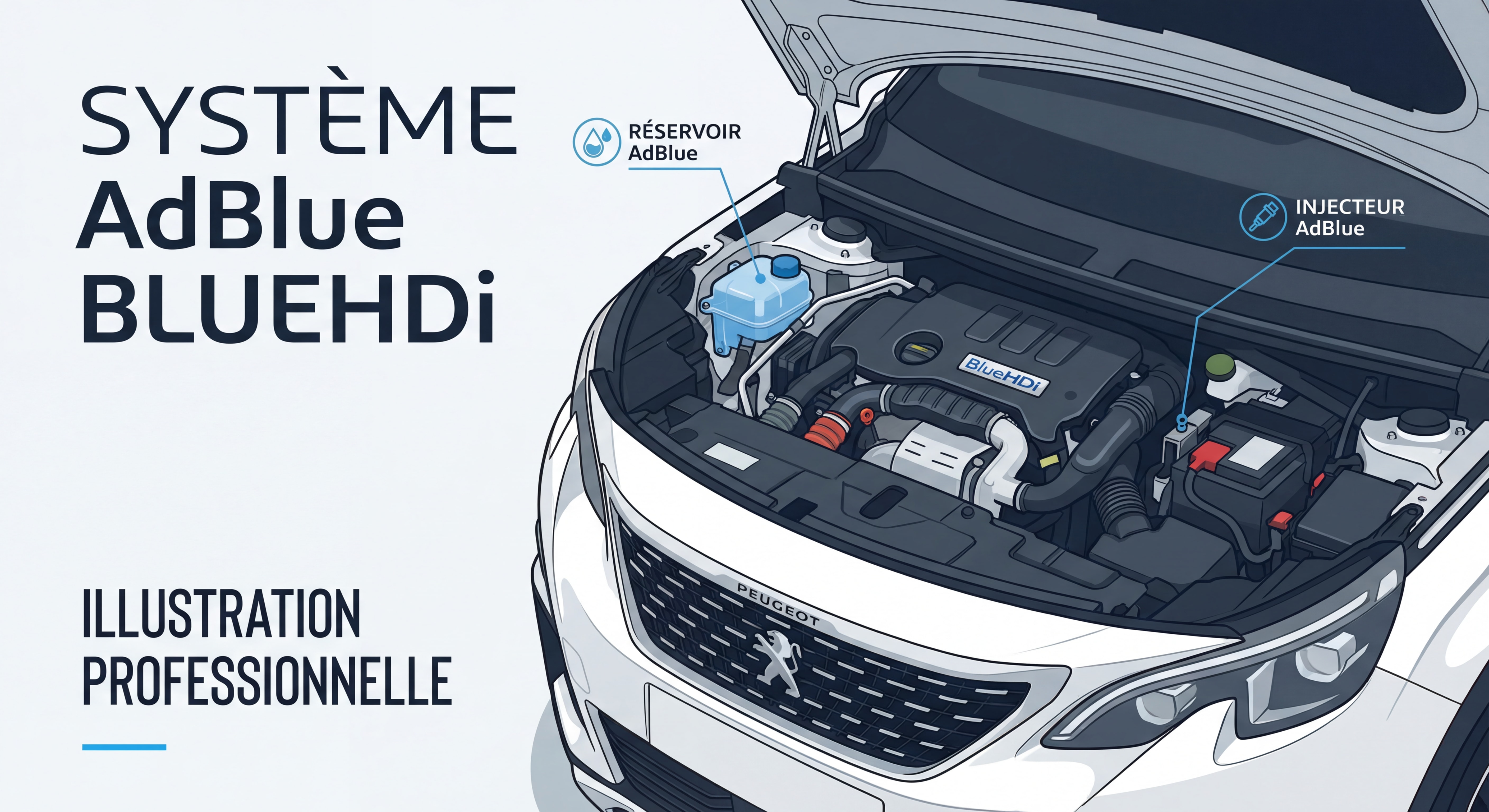 Système AdBlue réservoir et injecteur sous capot moteur diesel BlueHDi Peugeot