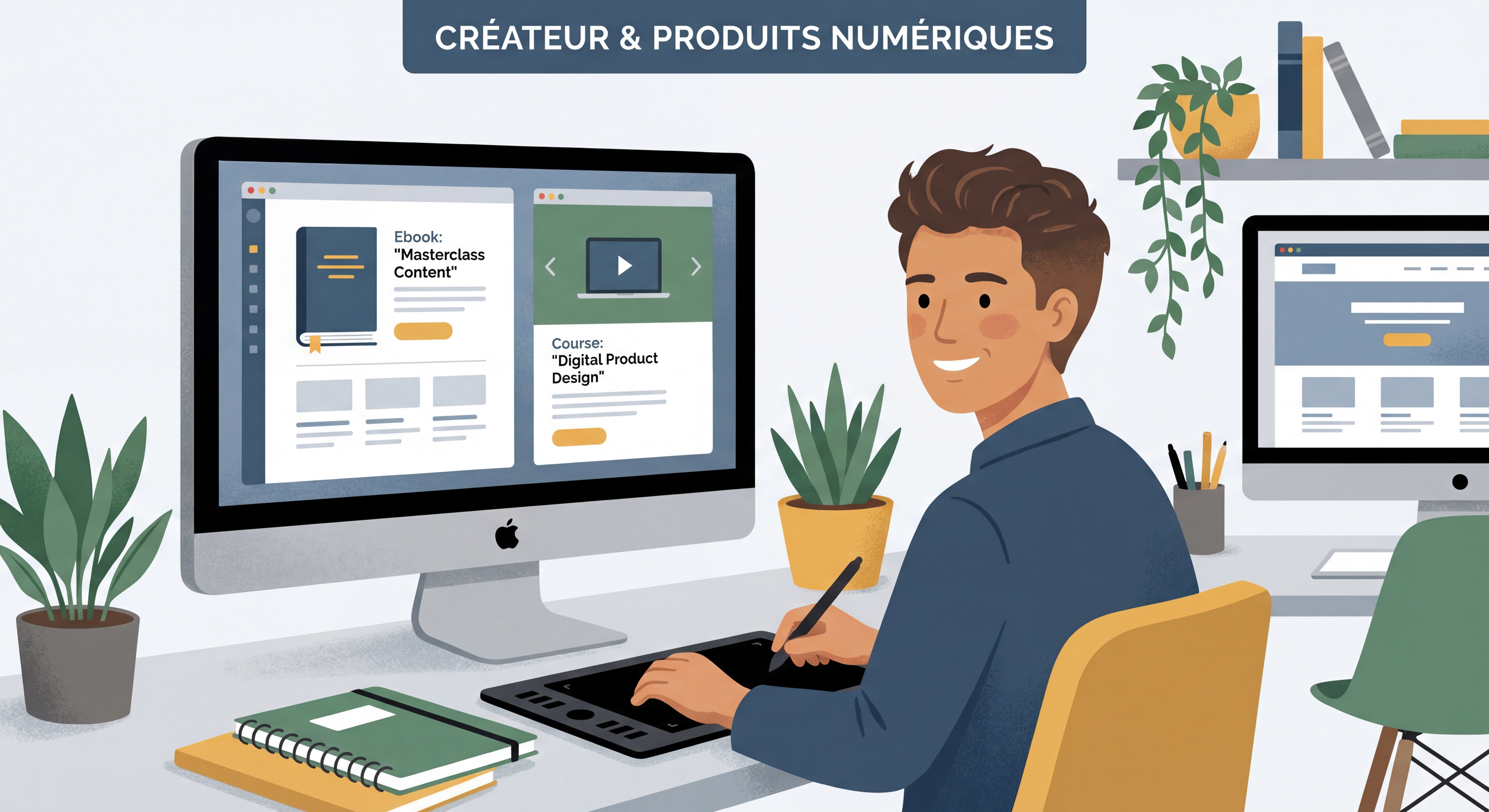 Créateur travaillant sur son ordinateur pour développer des produits numériques comme des ebooks et formations en ligne