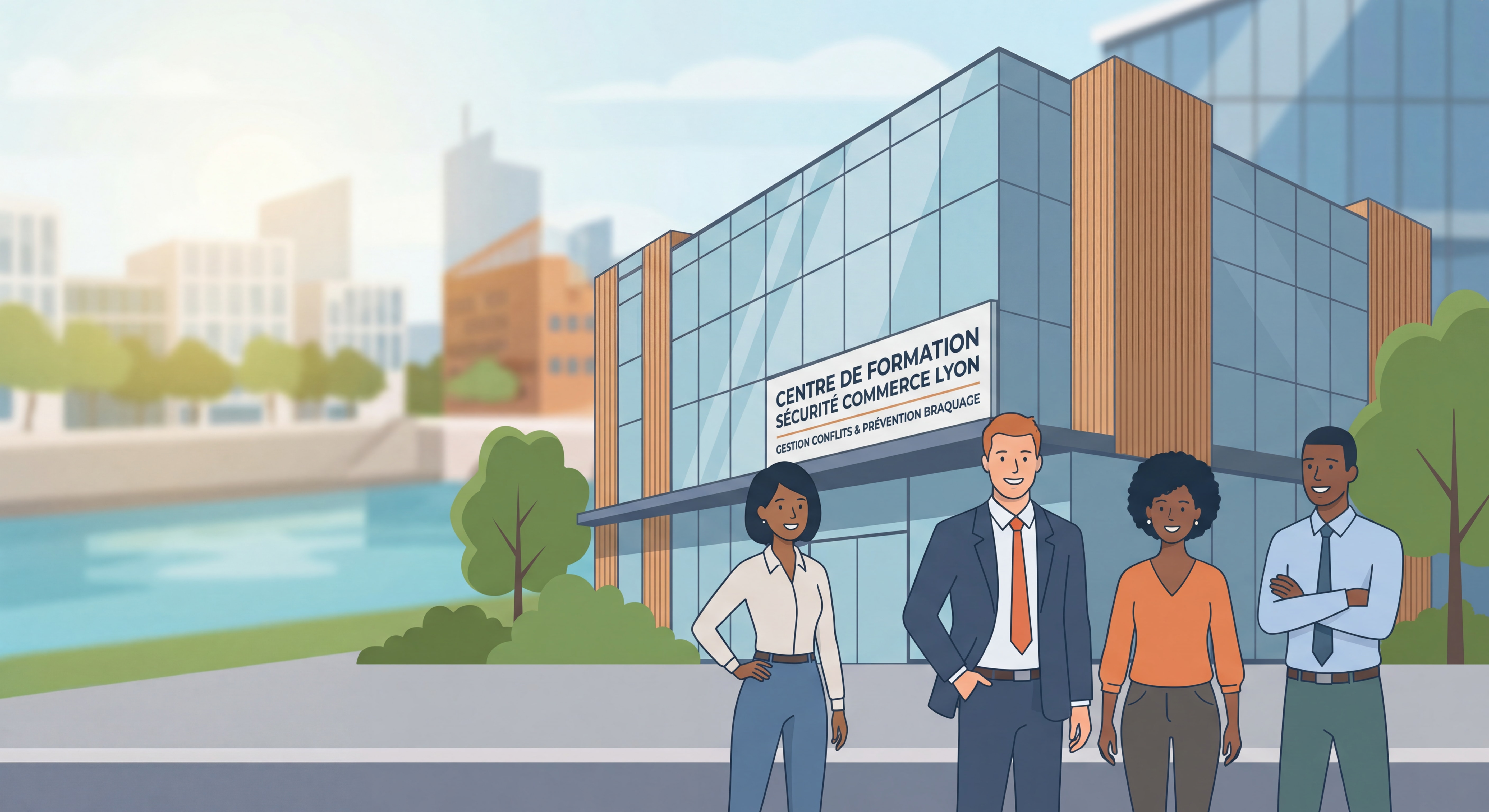 Équipe de formateurs experts en sécurité commerce devant centre de formation - Lyon Rhône-Alpes - Gestion conflits et braquage