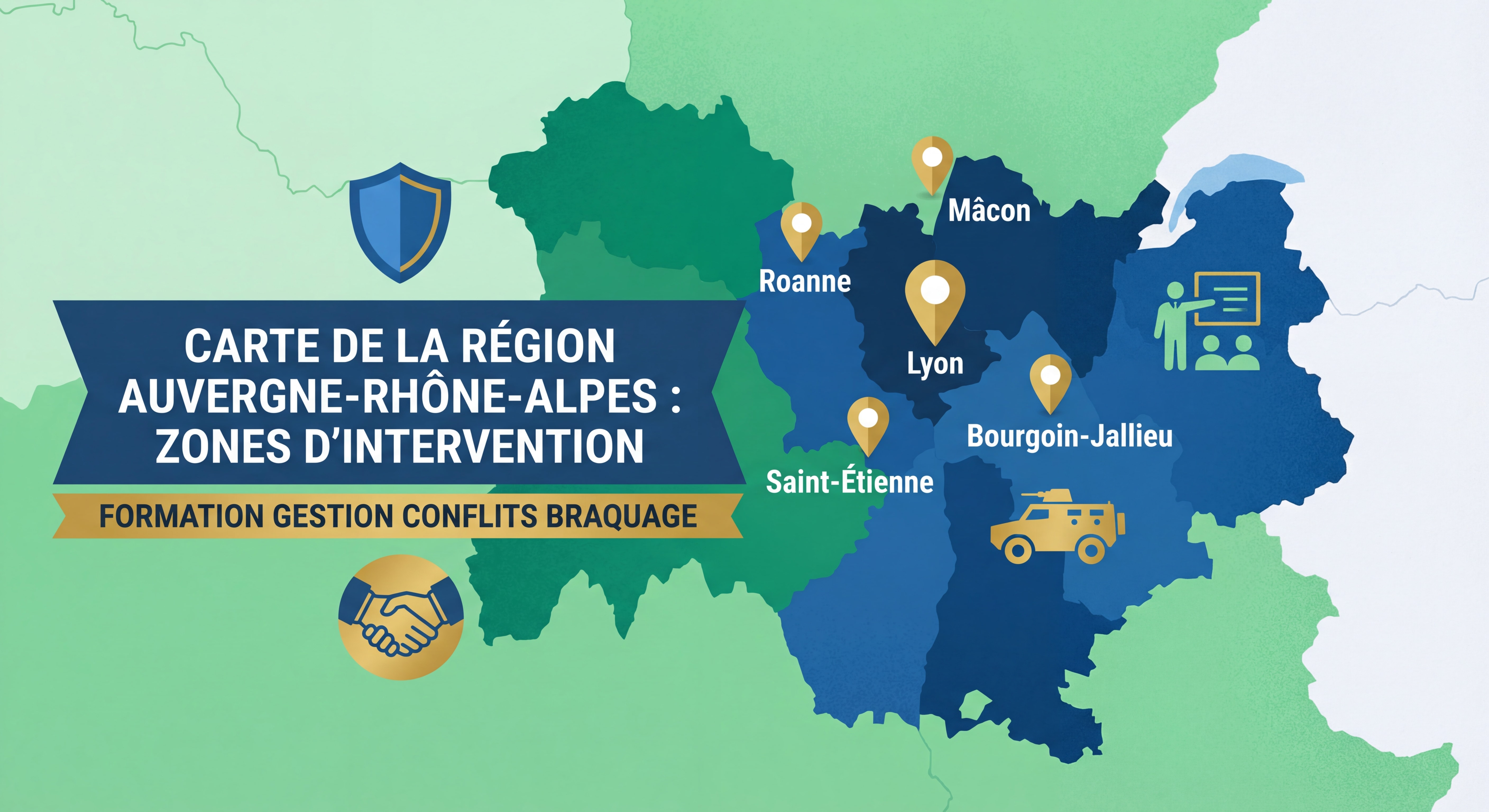 Carte de la région Auvergne-Rhône-Alpes avec localisation des zones d'intervention - Lyon Mâcon Roanne Saint-Étienne Bourgoin-Jallieu - Formation gestion conflits braquage