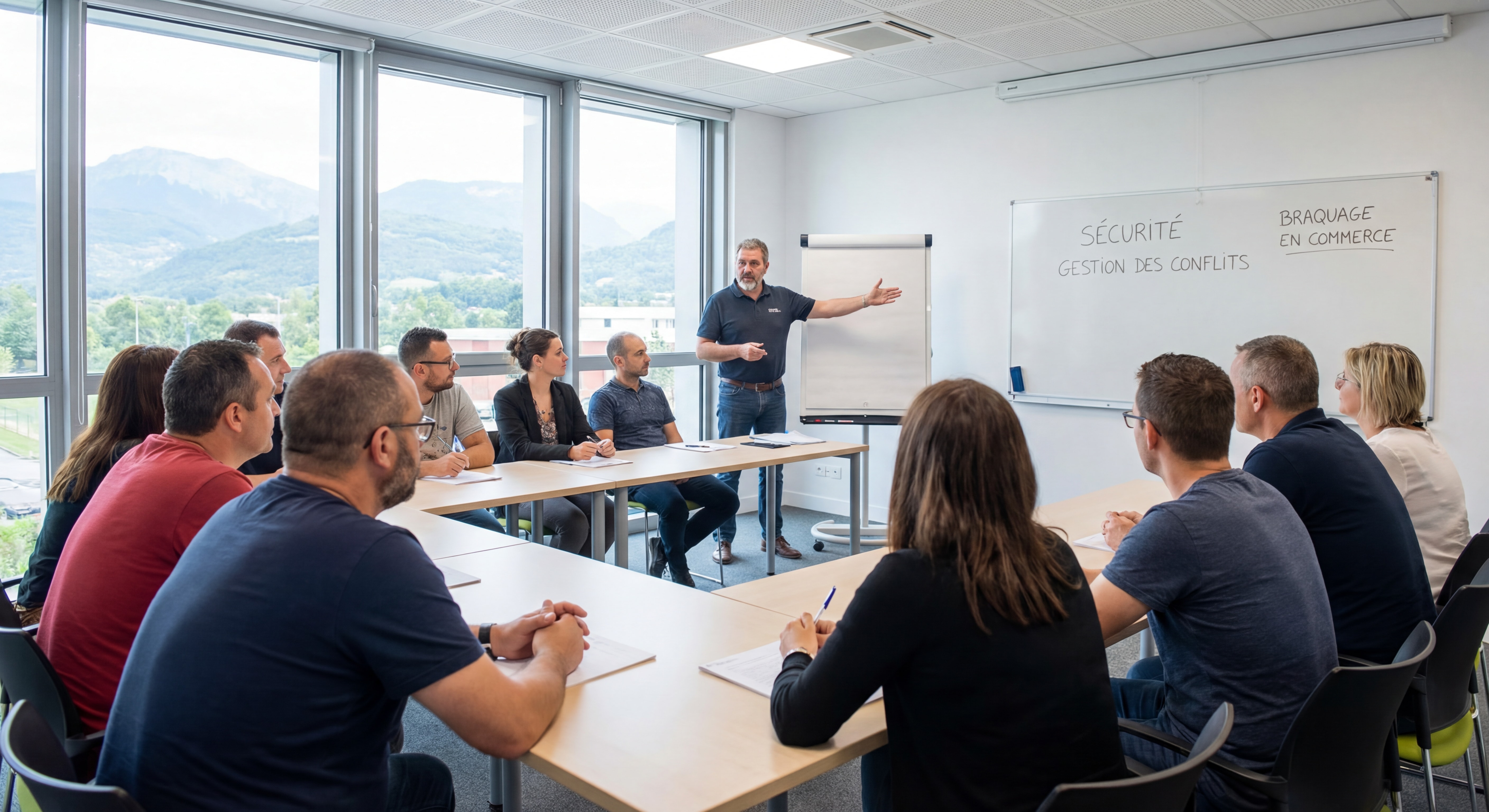 Formation sécurité gestion des conflits et braquage en commerce - Formateur expert avec groupe de stagiaires en Auvergne-Rhône-Alpes