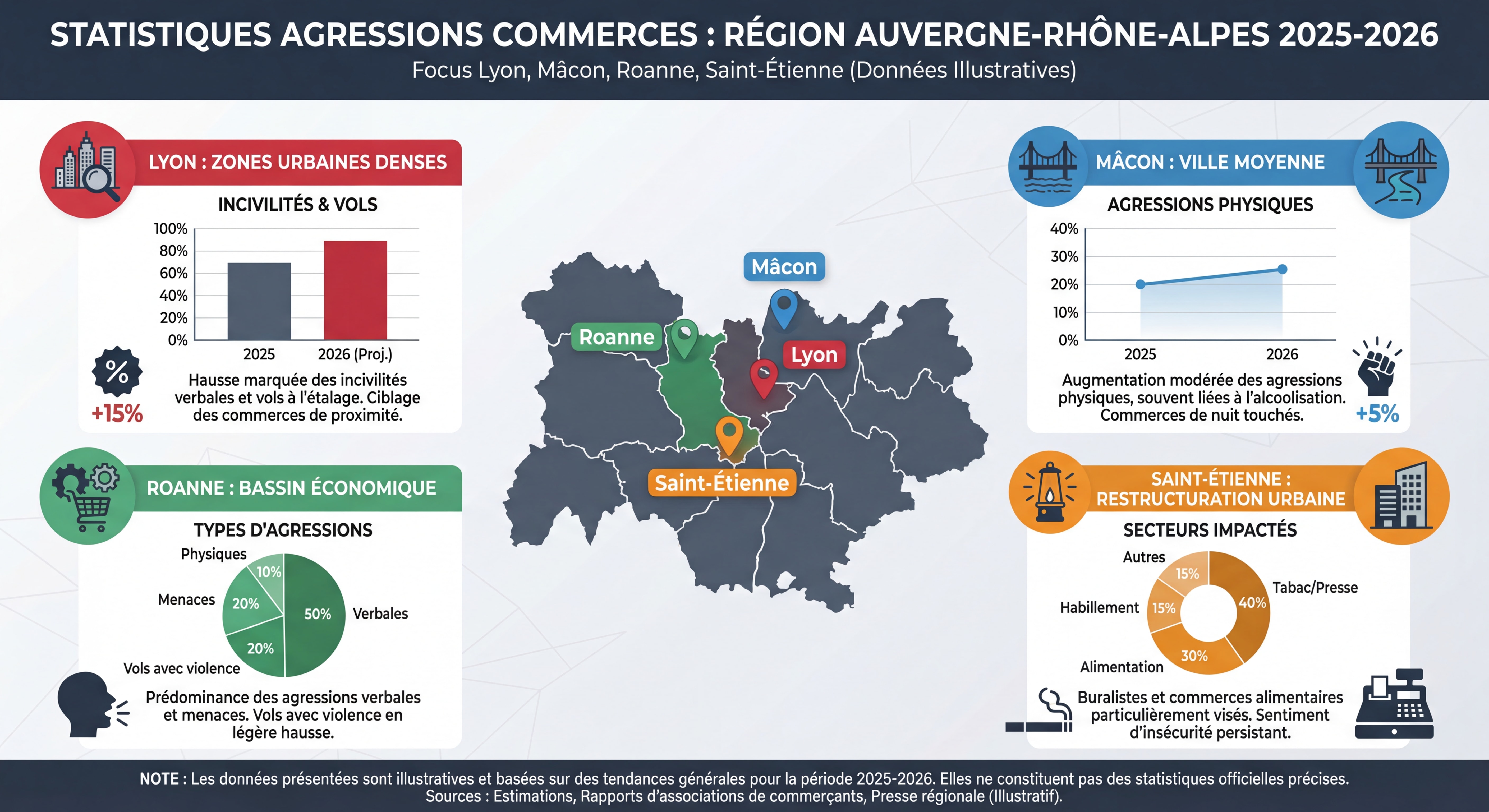 Infographie statistiques agressions commerces région Auvergne-Rhône-Alpes 2025-2026 avec focus Lyon Mâcon Roanne Saint-Étienne