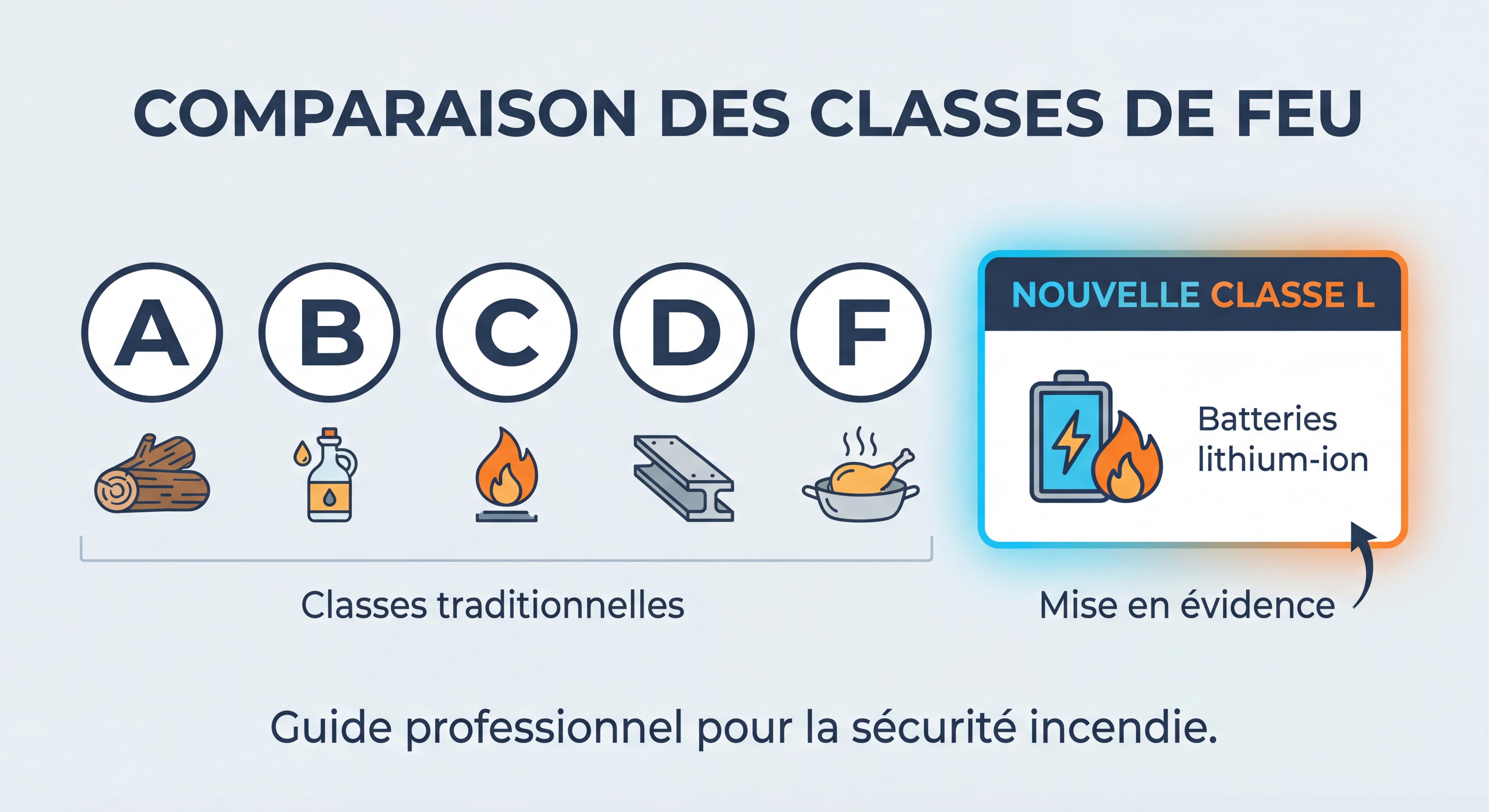 Illustration comparative des différentes classes de feu avec mise en évidence de la nouvelle classe L pour batteries lithium-ion