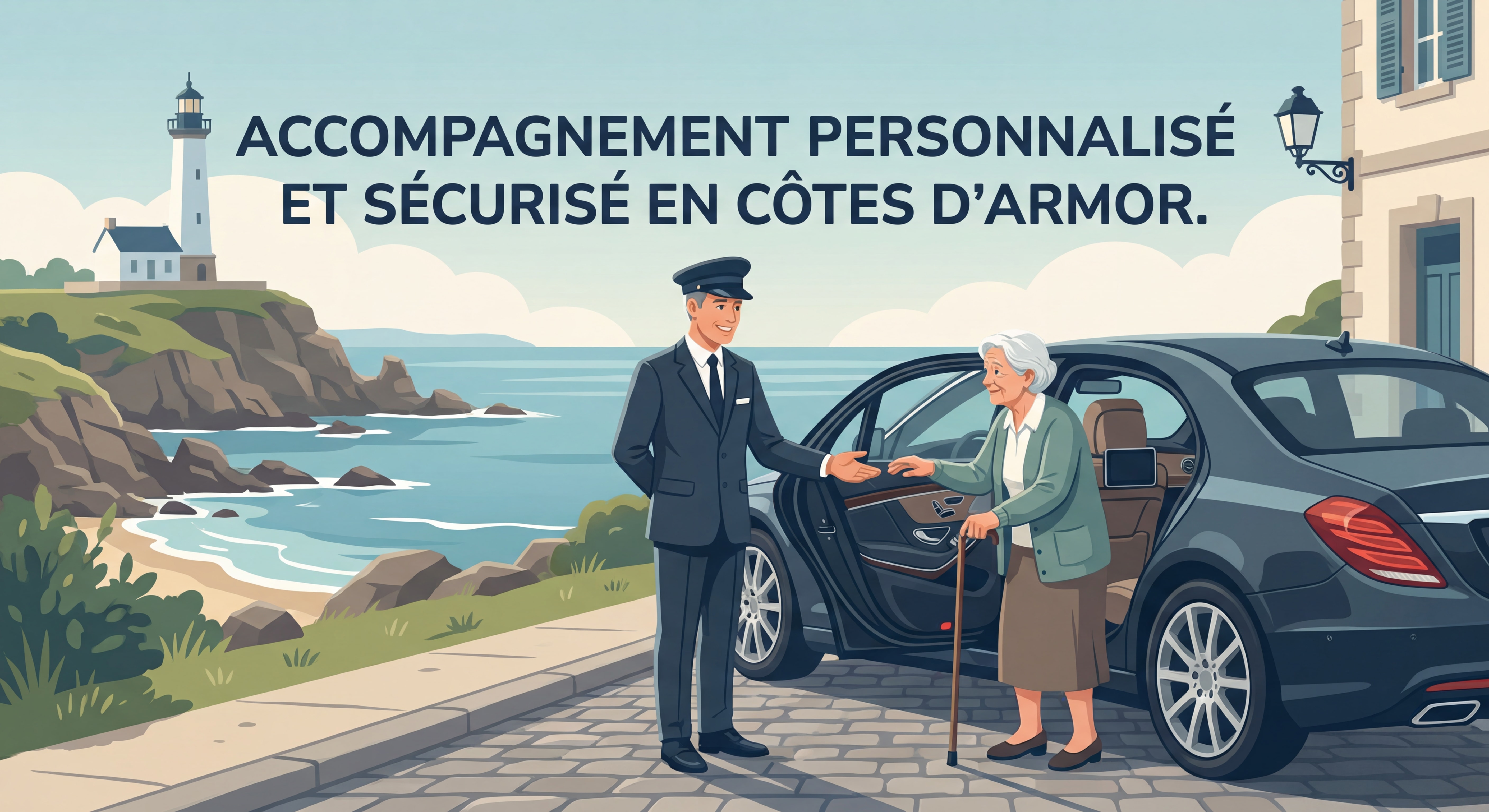 Chauffeur bienveillant aidant une personne âgée à monter dans un véhicule premium en Côtes d'Armor, accompagnement personnalisé et sécurisé