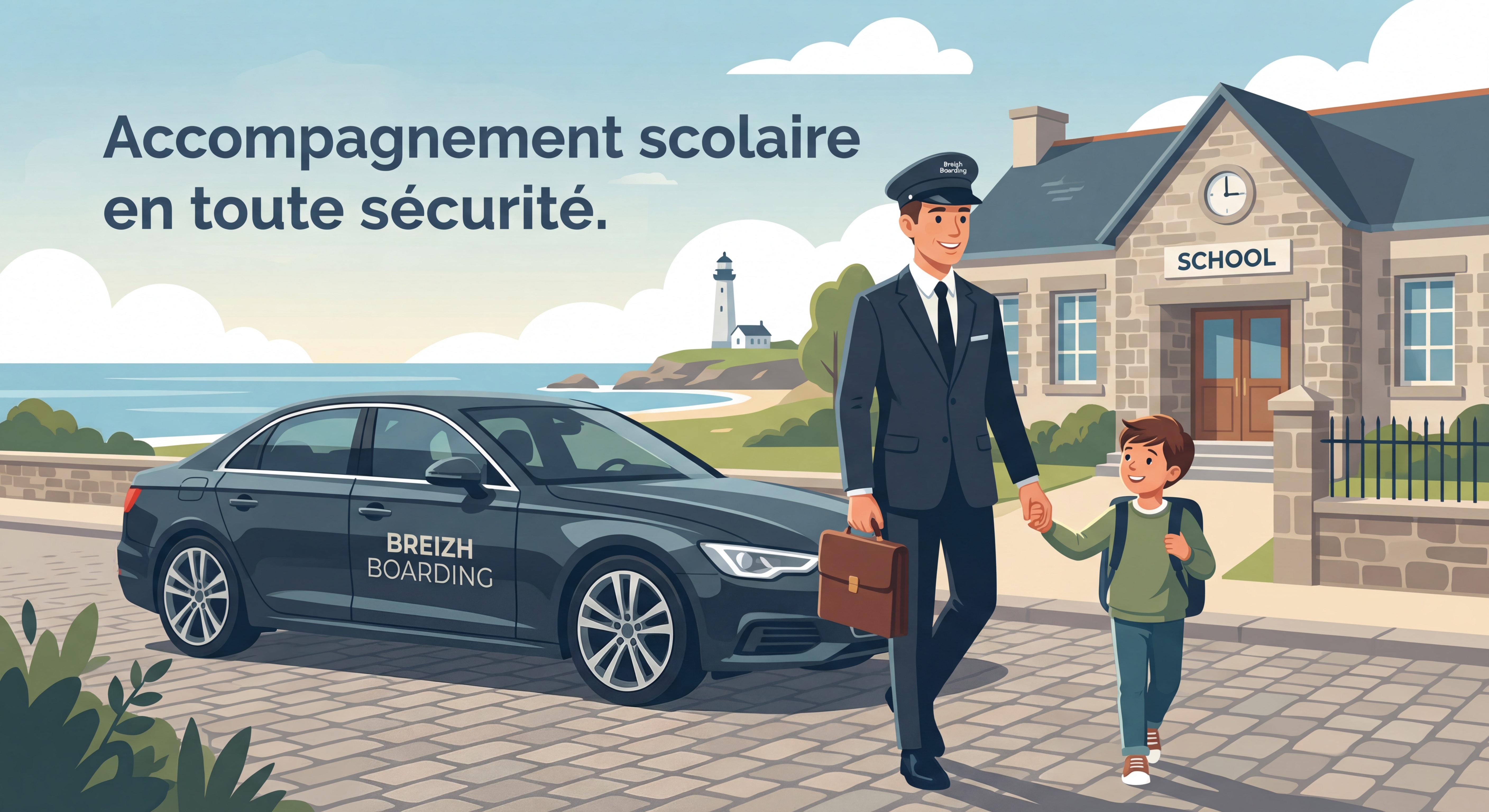Chauffeur professionnel Breizh Boarding accompagnant un enfant en toute sécurité vers son école dans les Côtes d'Armor
