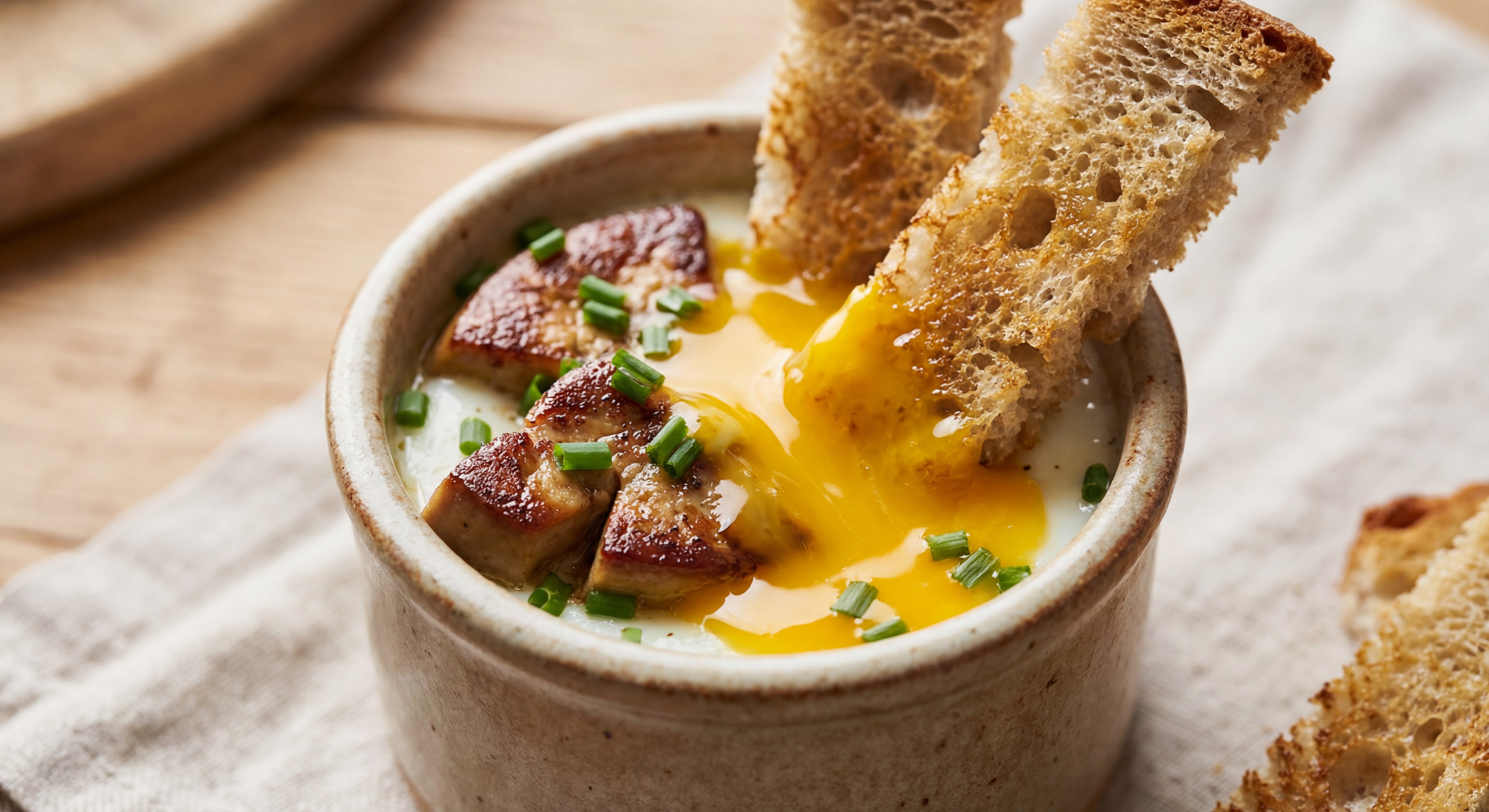Gros plan sur un œuf cocotte au foie gras avec le jaune coulant et des morceaux de foie gras visibles, décoré de ciboulette