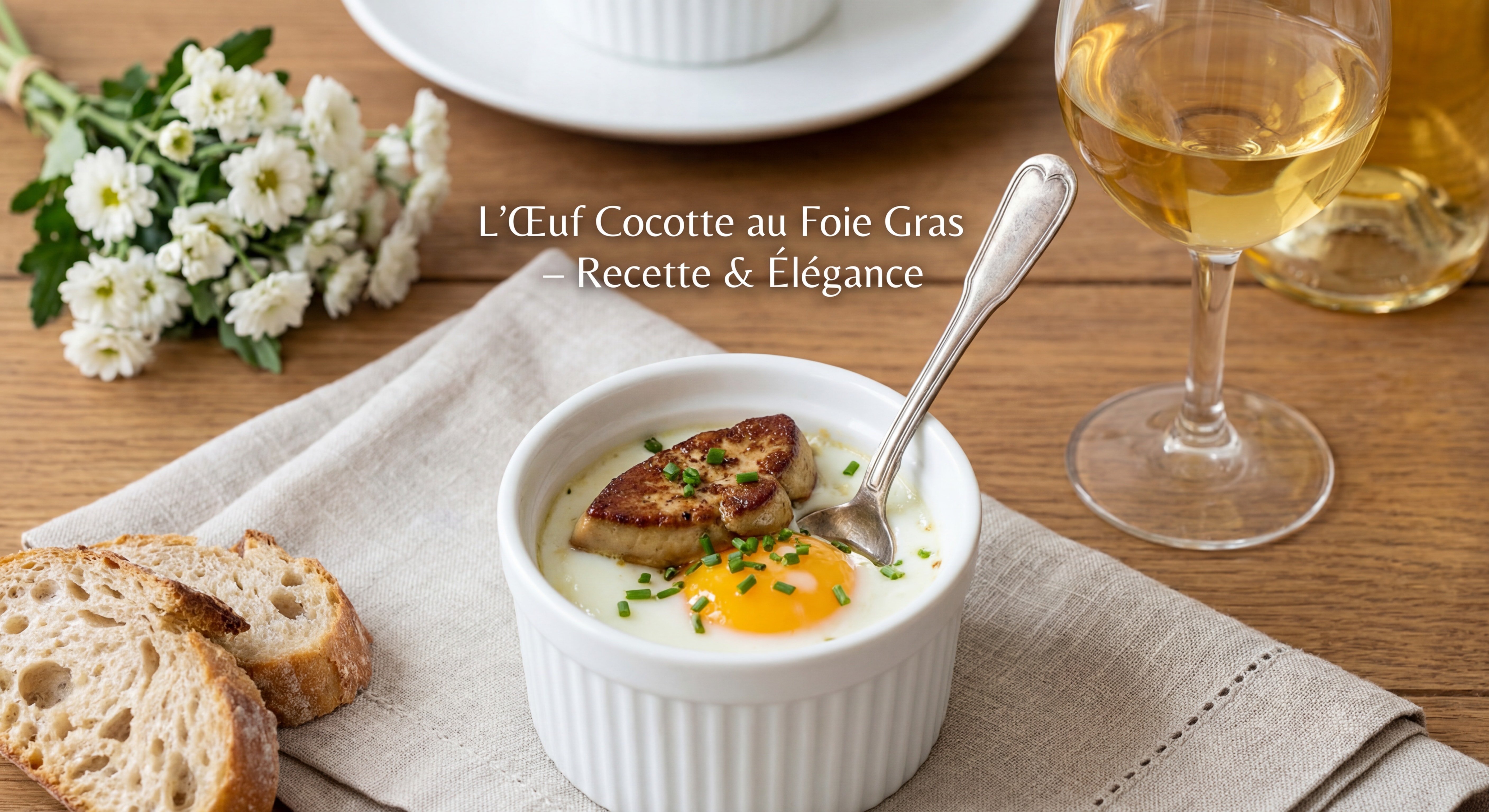 Œuf cocotte au foie gras servi dans un ramequin blanc avec une cuillère en argent sur une table élégamment dressée