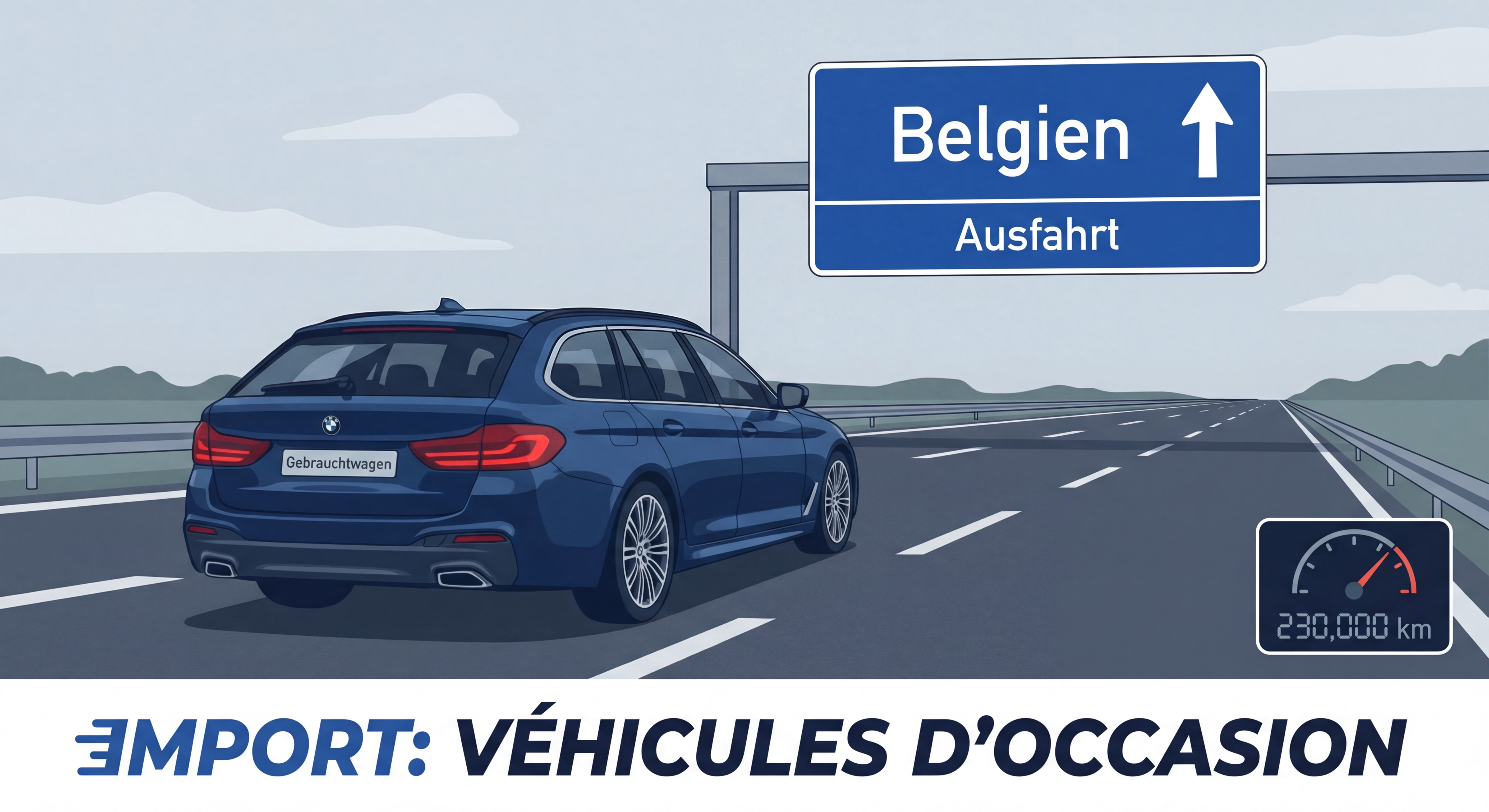 Voiture allemande BMW sur autoroute allemande avec panneau indiquant la Belgique, symbolisant l'importation de véhicules d'occasion à gros kilométrage
