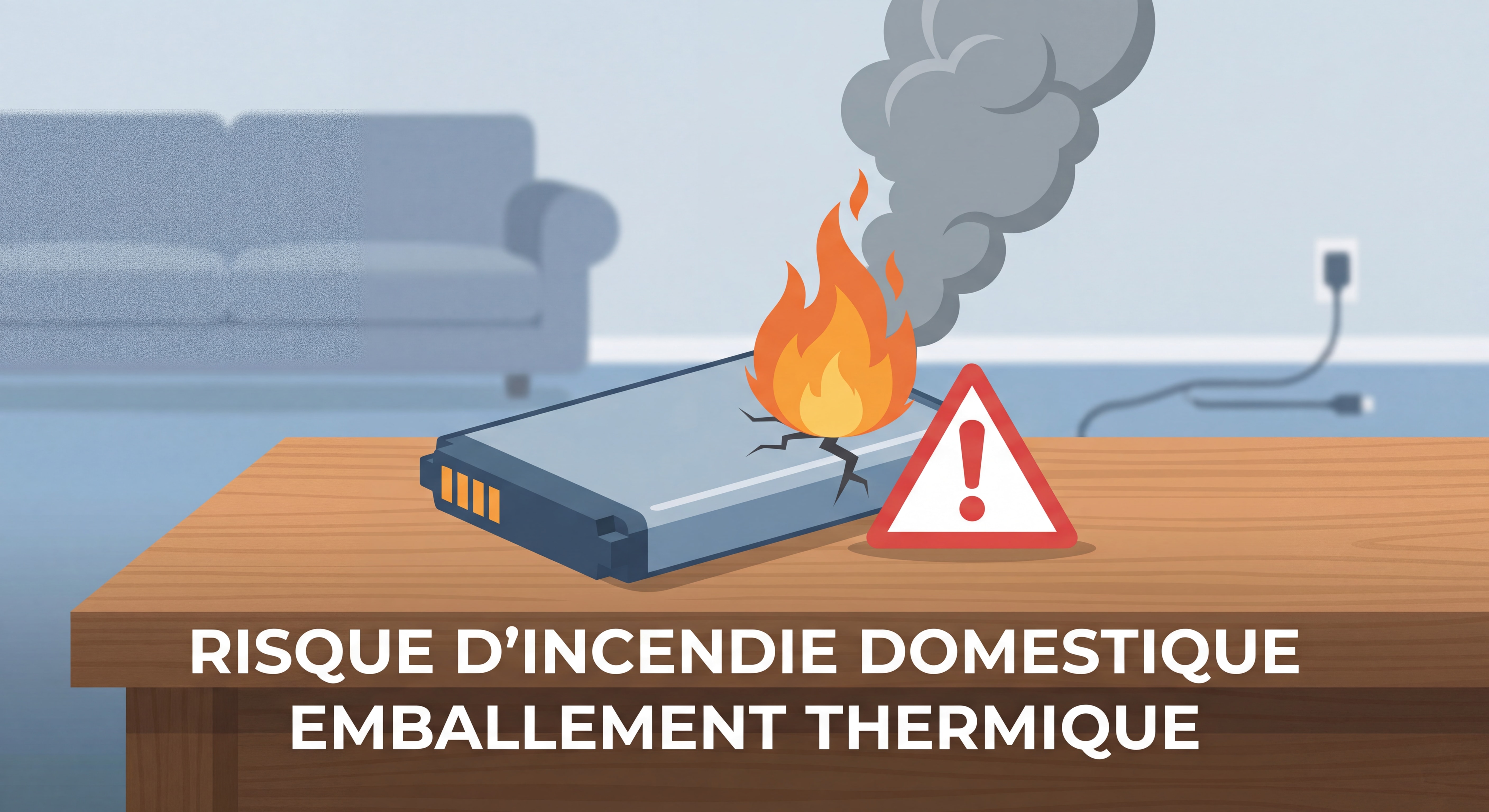 Batterie lithium-ion en cours d'emballement thermique avec dégagement de fumée et flammes - illustration des risques d'incendie domestique