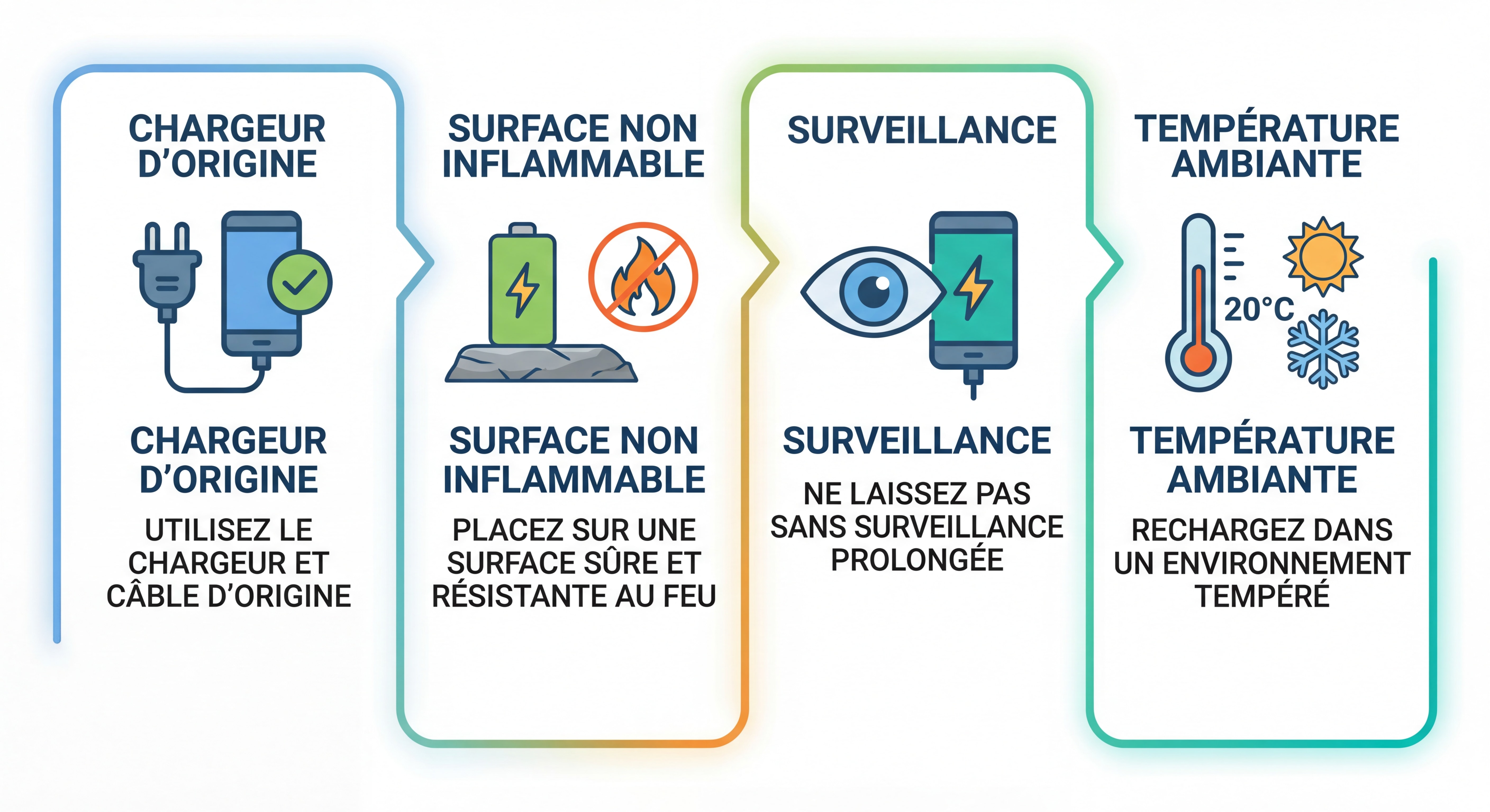 Schéma illustrant les bonnes pratiques de recharge avec pictogrammes : chargeur d'origine, surface non inflammable, surveillance, température ambiante