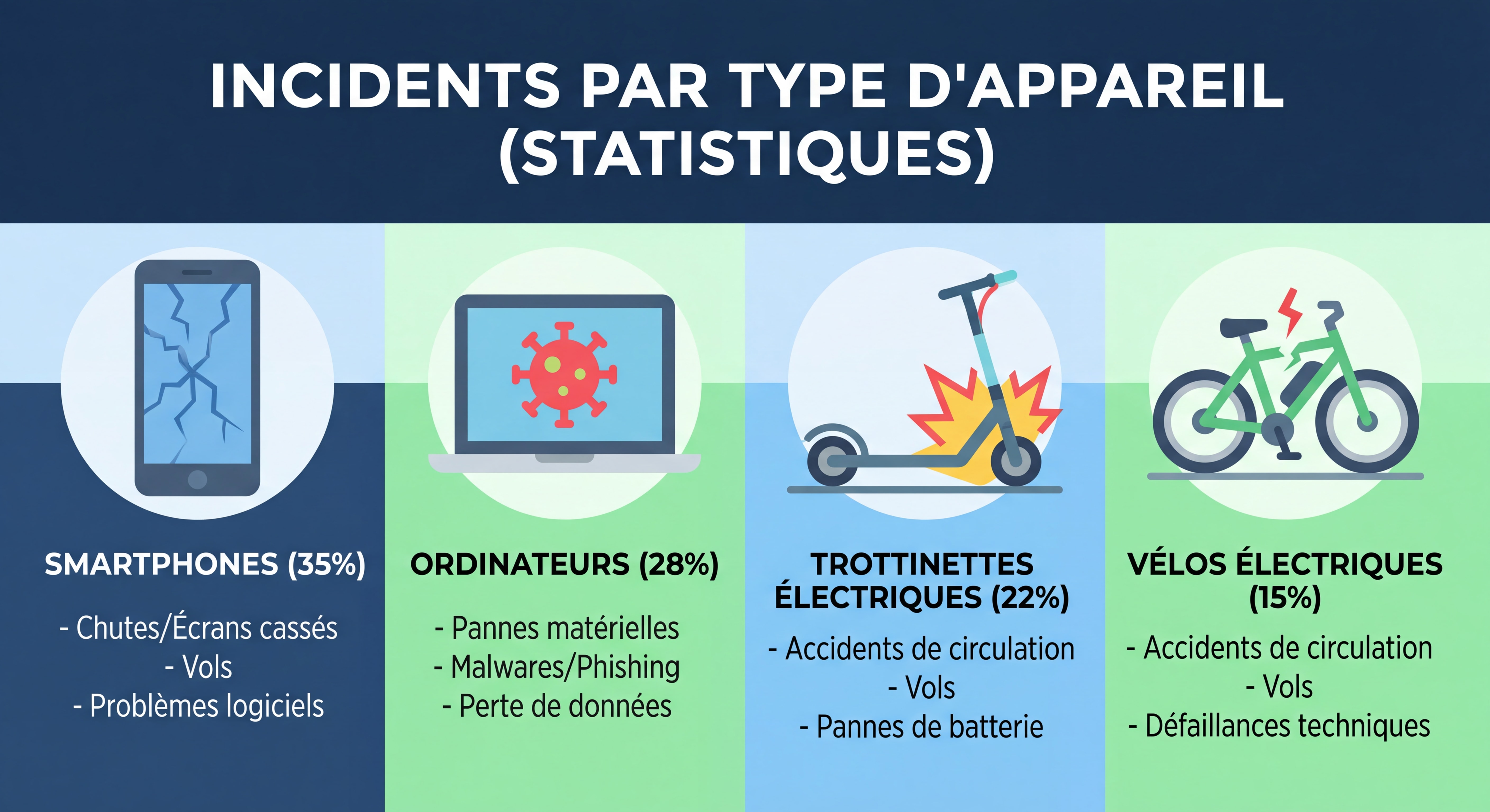 Infographie montrant les statistiques d'incidents par type d'appareil avec icônes représentant smartphones, ordinateurs, trottinettes et vélos électriques