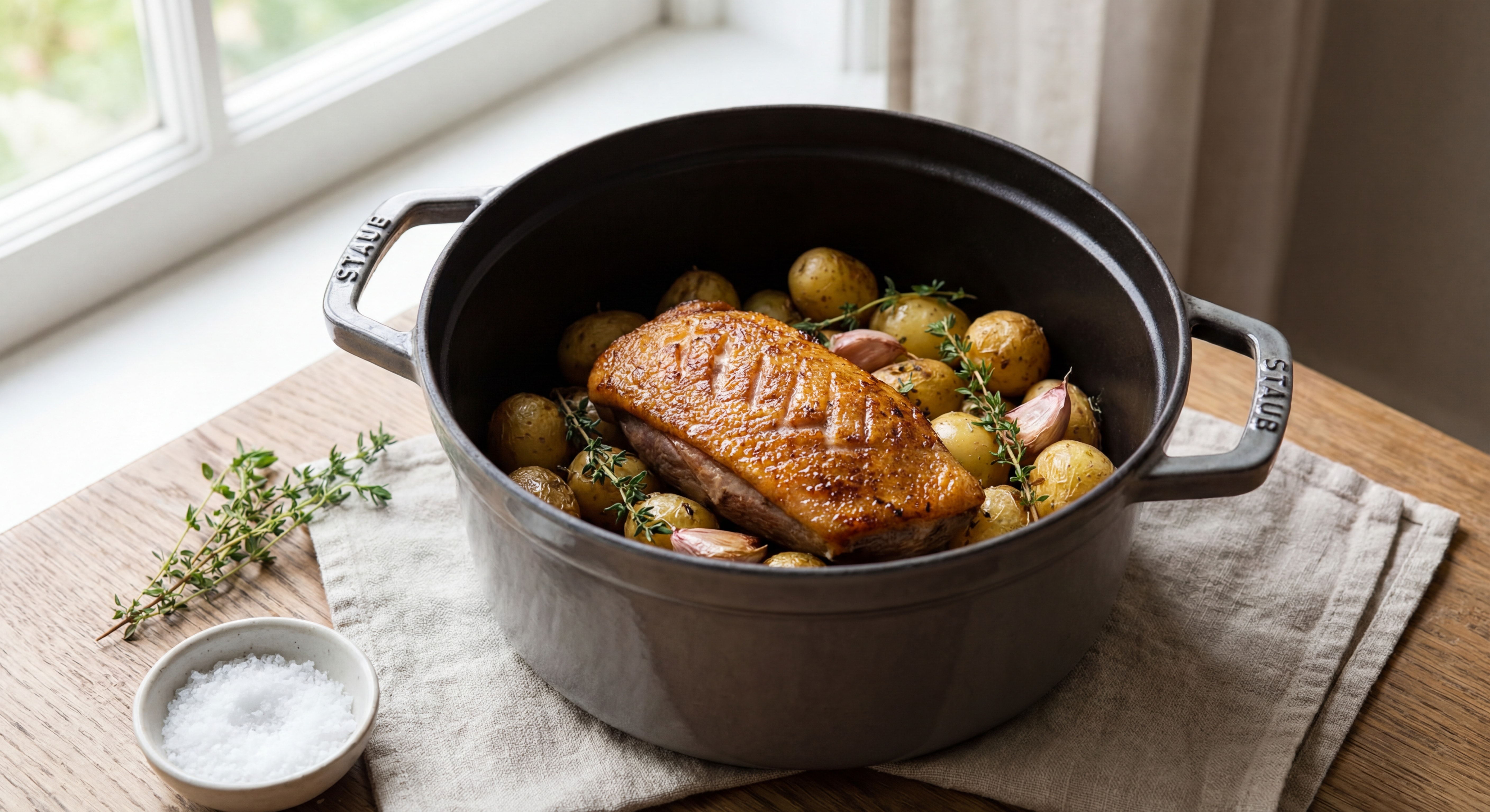 Magret de canard doré en cocotte avec pommes de terre rissolées, thym frais et ail, présenté dans une cocotte en fonte traditionnelle