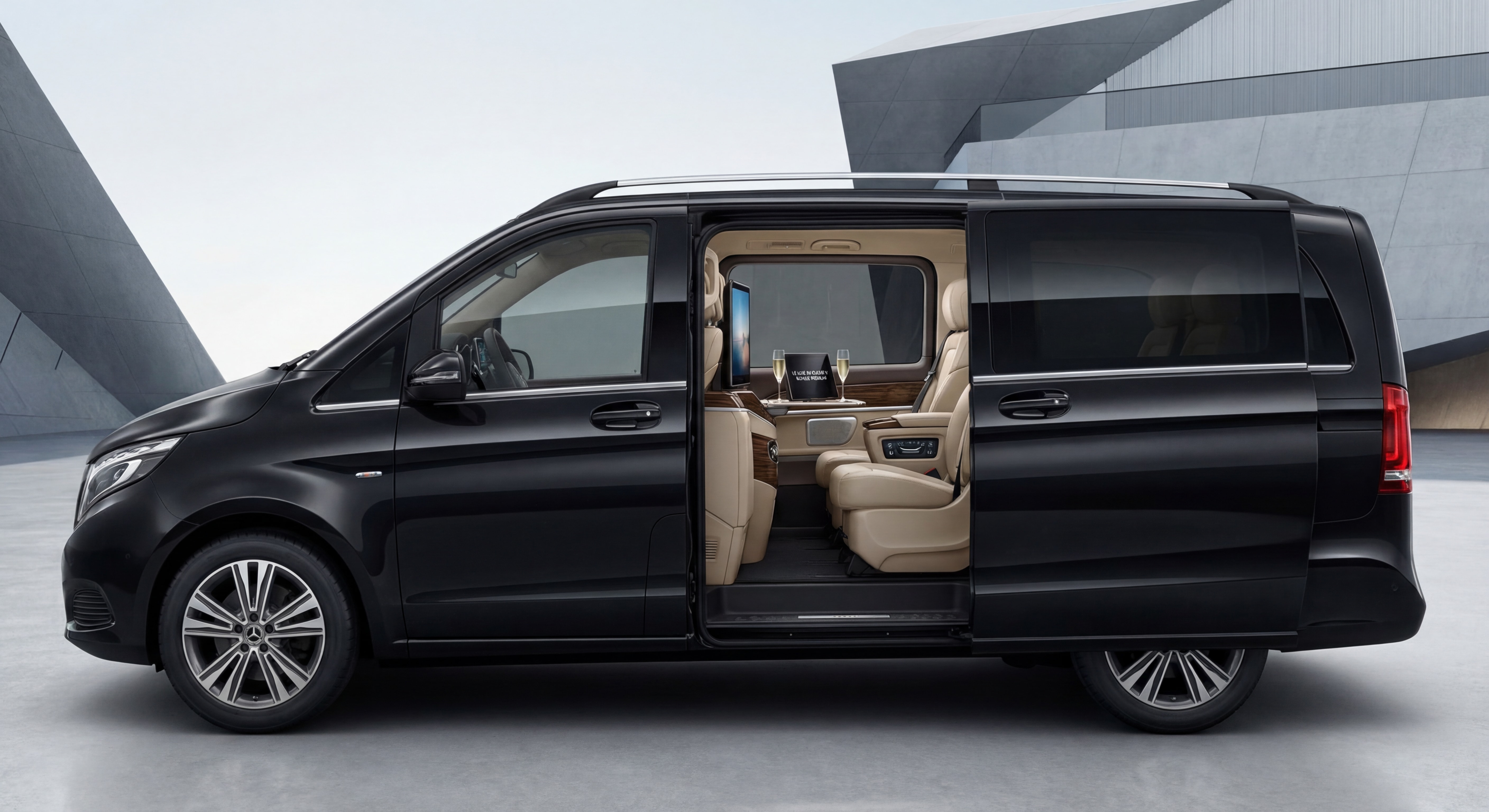 Van Mercedes Classe V noir avec intérieur cuir beige, montrant l'espace passagers luxueux et les équipements premium