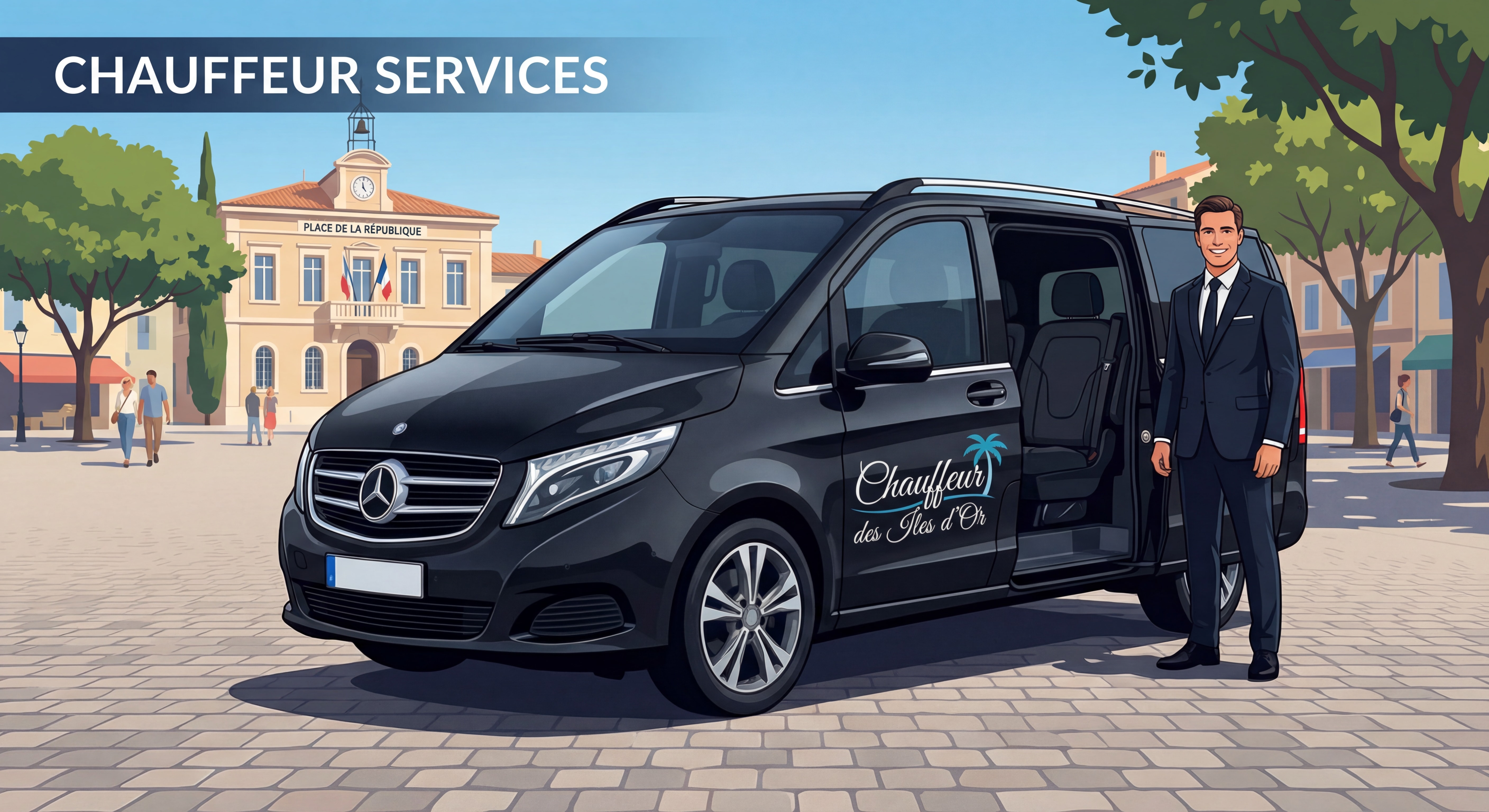 Van Mercedes noir avec logo Chauffeur des Îles d'Or devant la Place de la République à Cogolin avec chauffeur en costume