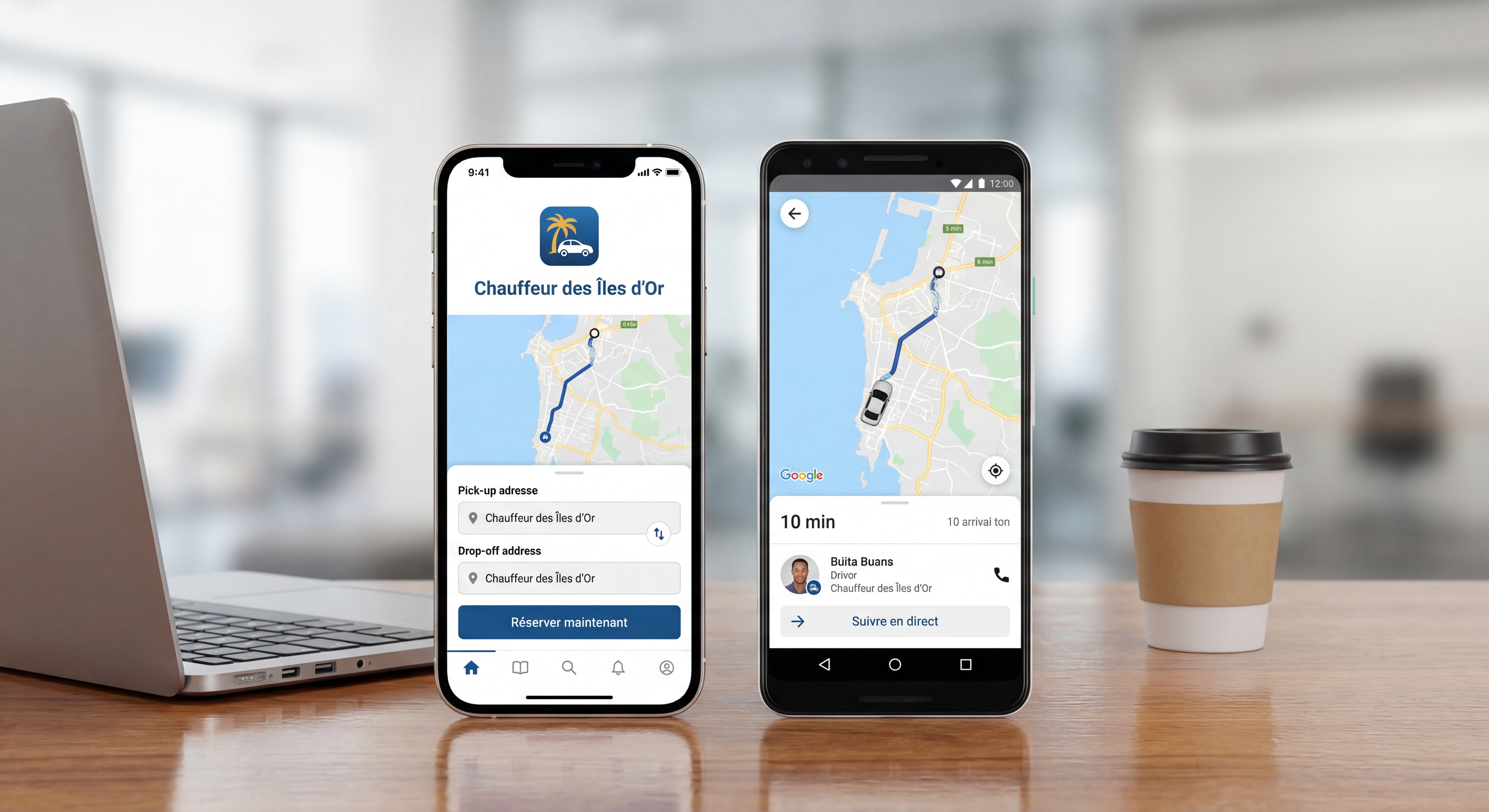 Screenshots de l'application Chauffeur des Îles d'Or montrant l'interface de réservation VTC et le suivi en temps réel sur iPhone et Android