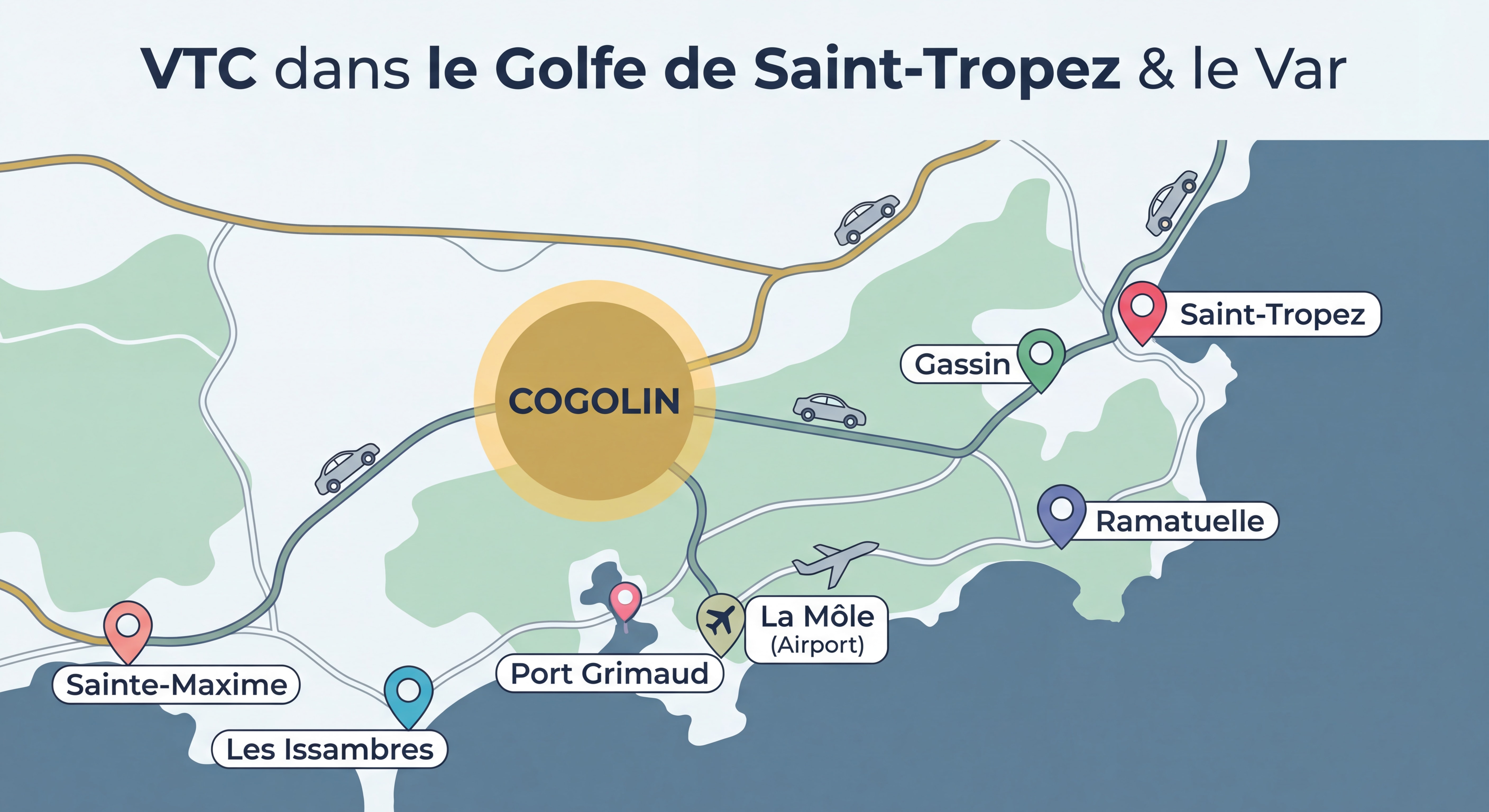 Carte du Golfe de Saint-Tropez montrant Cogolin et les principales destinations VTC desservies dans le Var