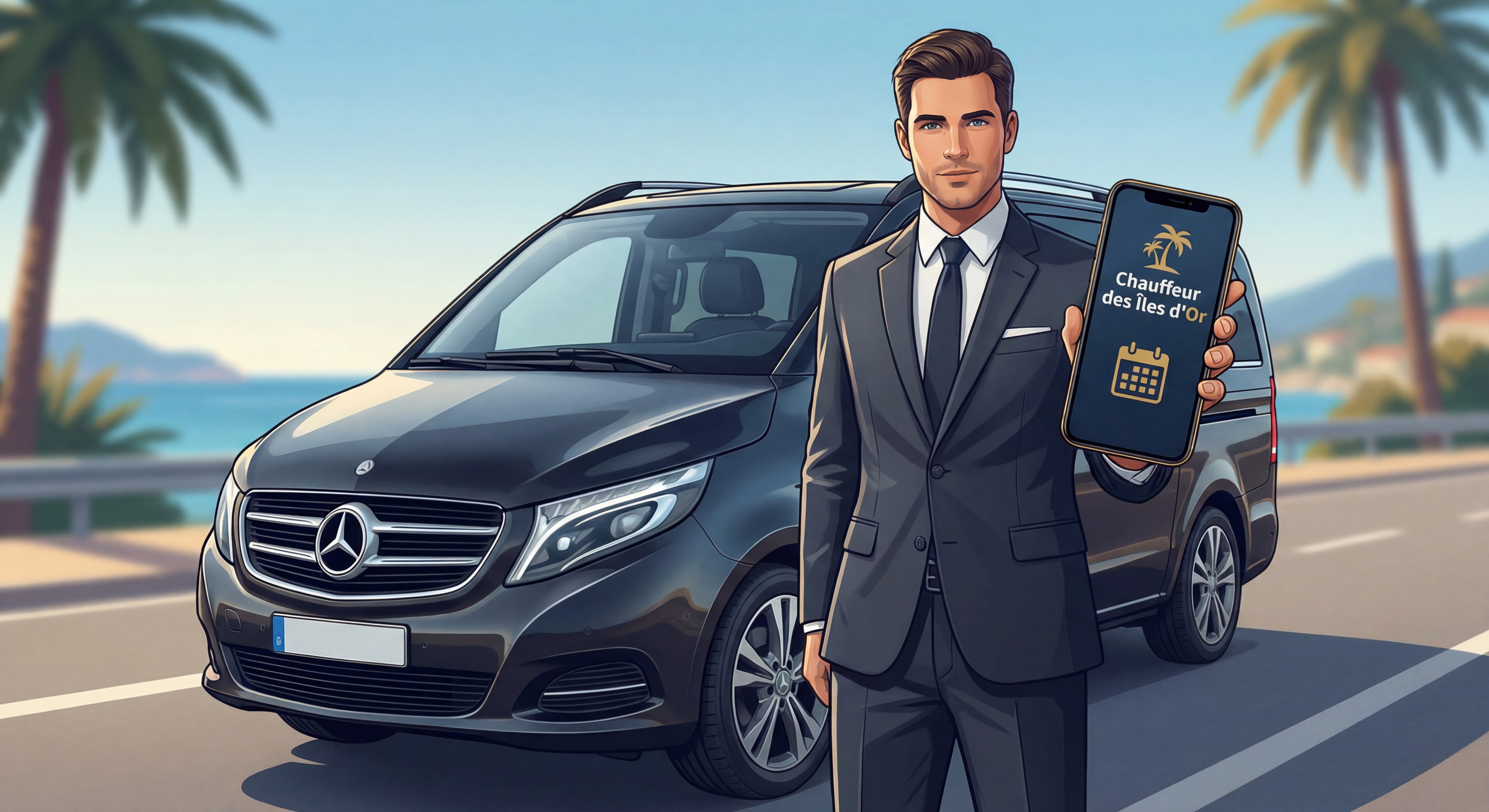 Chauffeur en costume devant un van Mercedes noir avec smartphone montrant l'application de réservation Chauffeur des Îles d'Or