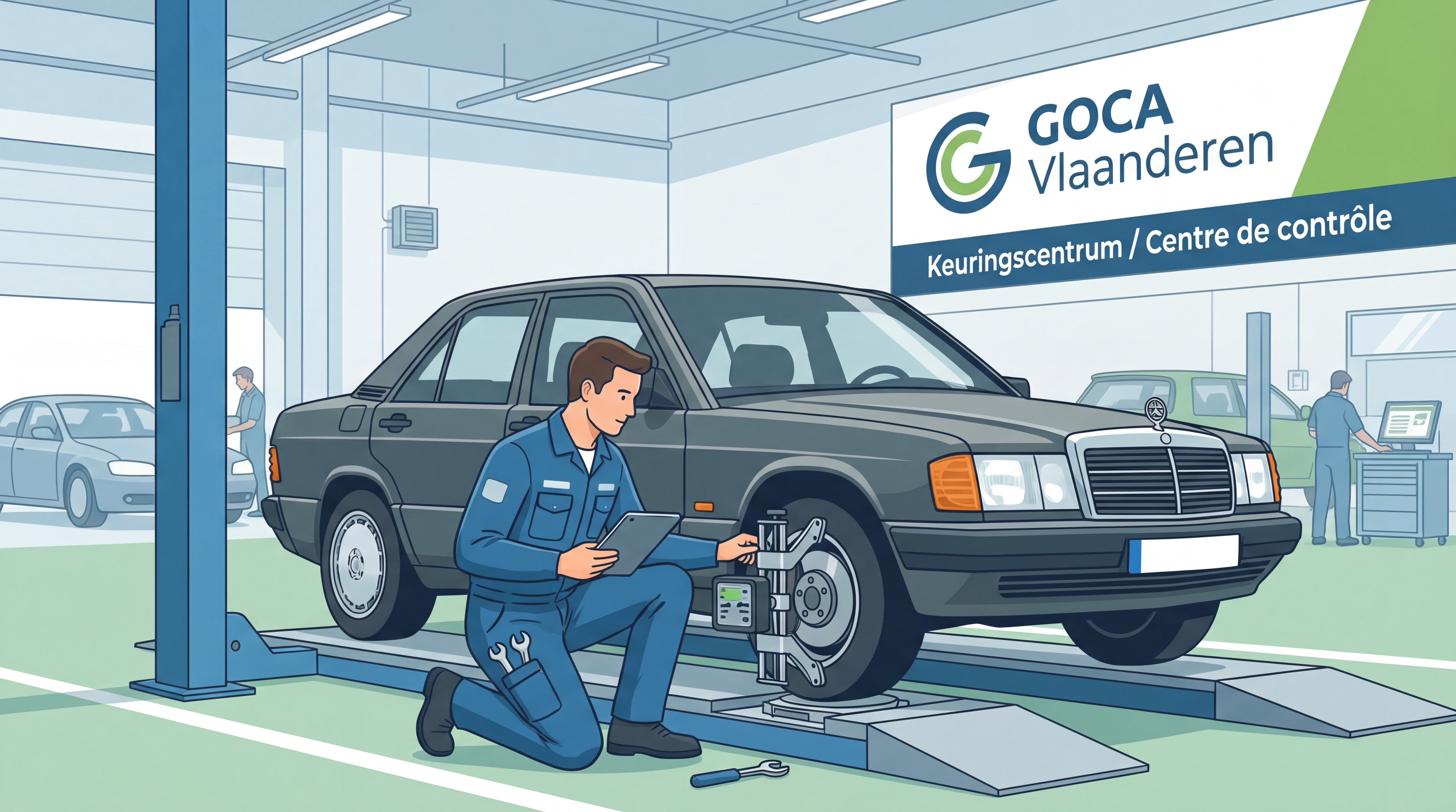 Inspecteur effectuant un contrôle technique sur une voiture d'occasion en Belgique, vérification des freins et des pneus dans un centre agréé GOCA
