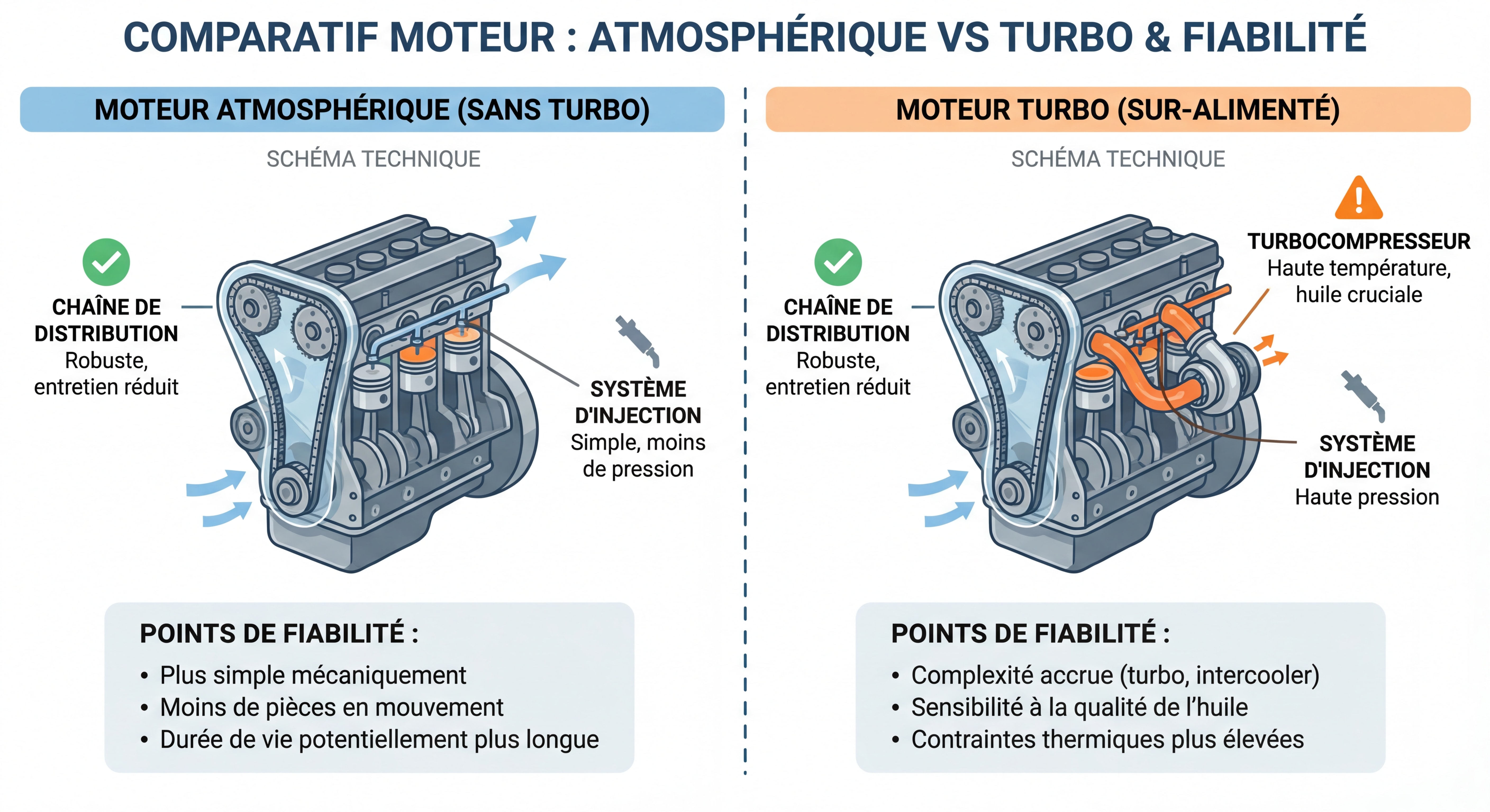 Infographie comparant moteur atmosphérique et turbo avec leurs points de fiabilité - schéma technique montrant chaîne de distribution, système d'injection et turbocompresseur