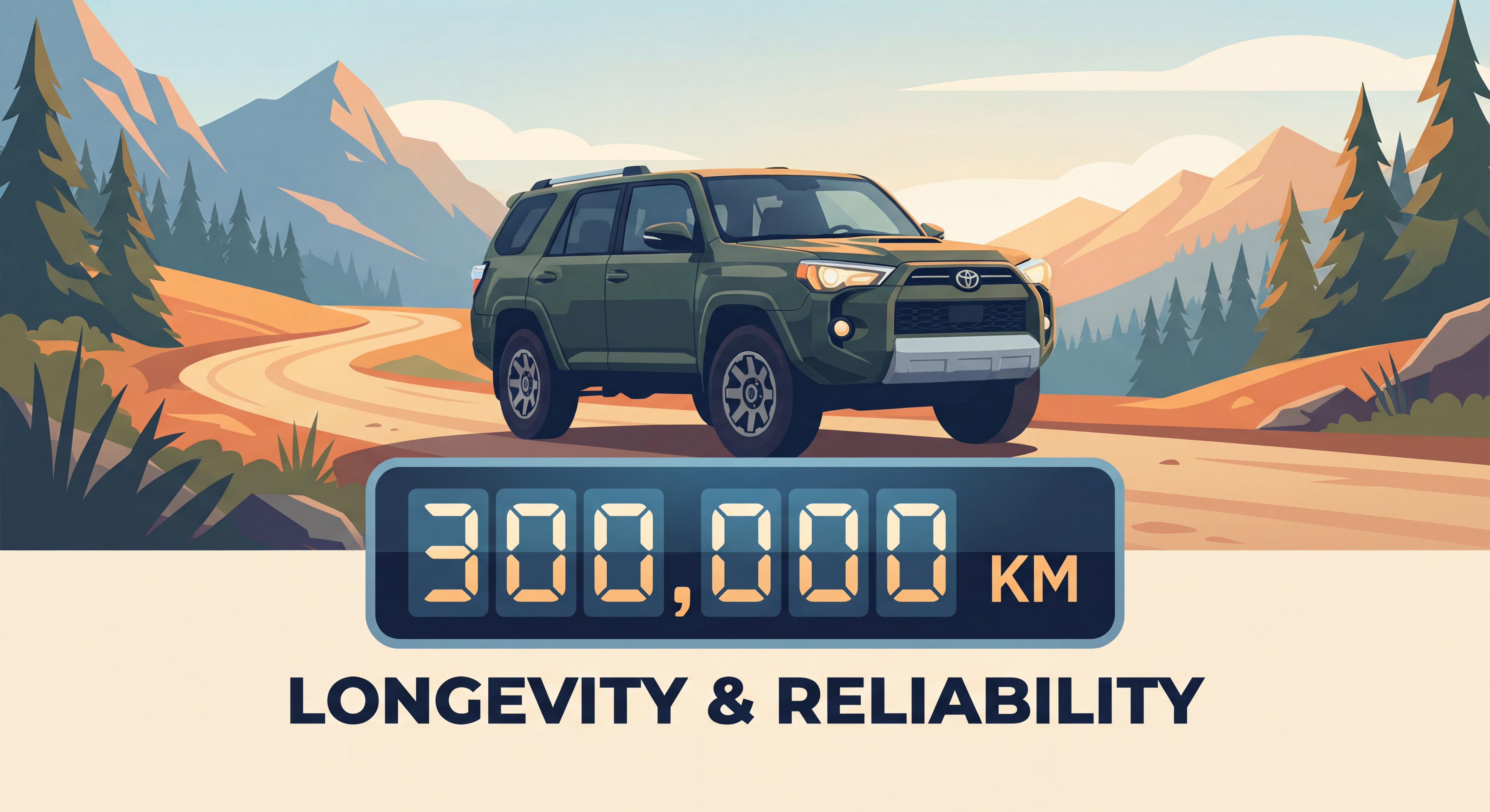 SUV robuste sur route avec compteur kilométrique affichant 300000 km, symbolisant la longévité et la fiabilité