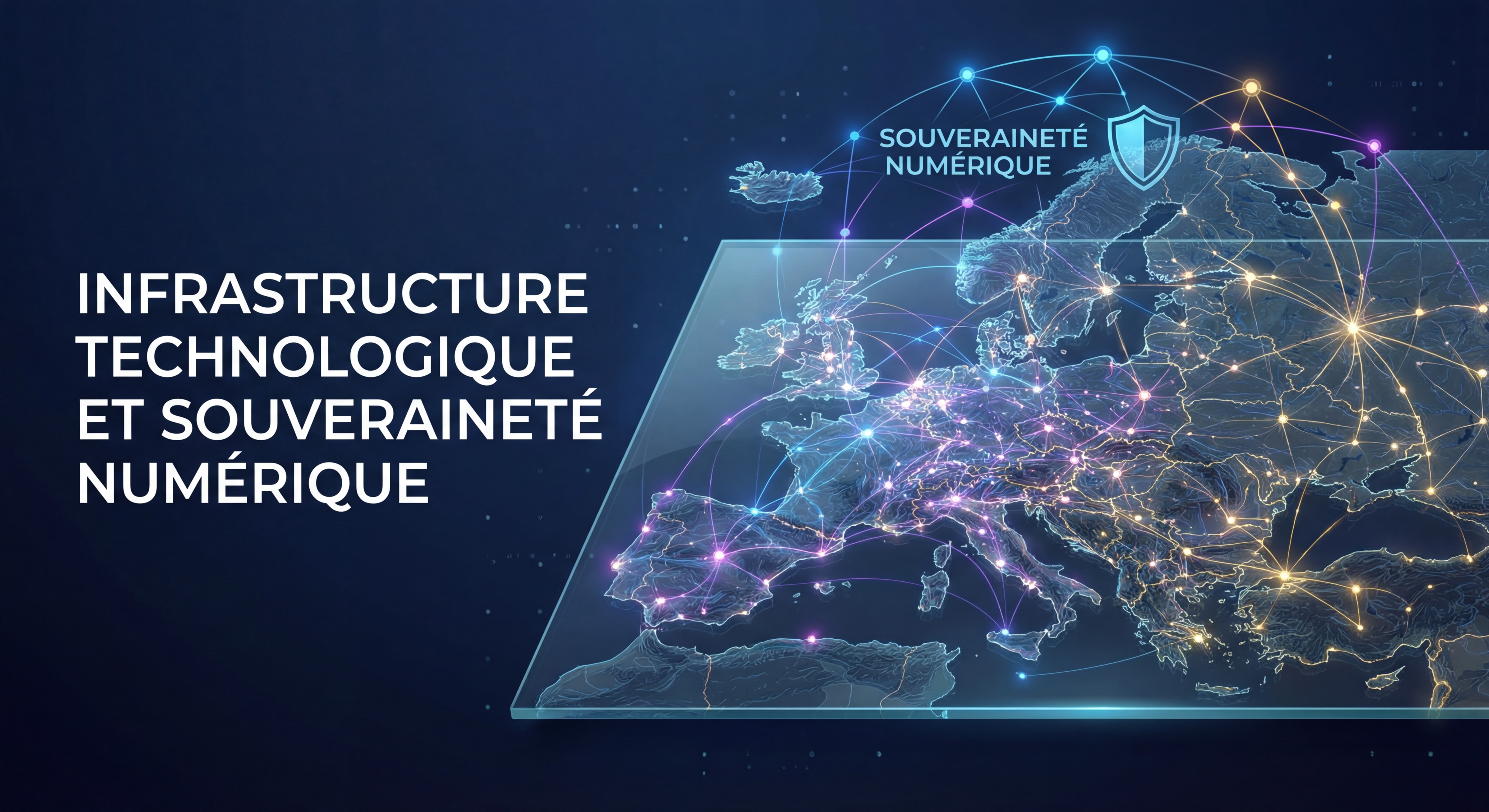 Carte de l'Europe illuminée par des connexions de réseau numérique, symbolisant l'infrastructure technologique et la souveraineté numérique