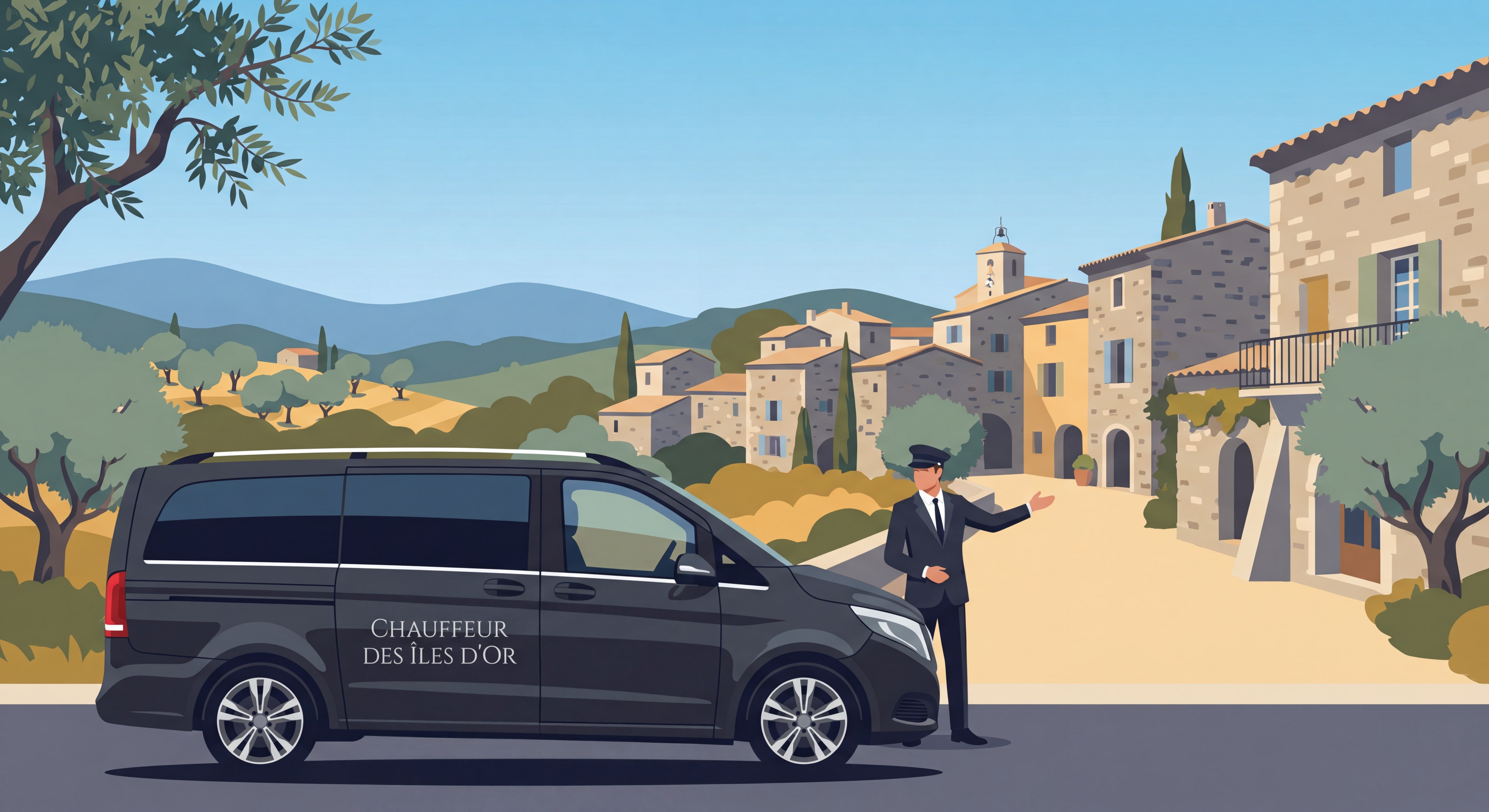 Van Mercedes noir premium floqué Chauffeur des Îles d'Or devant le village pittoresque de Solliès-Toucas avec chauffeur en costume