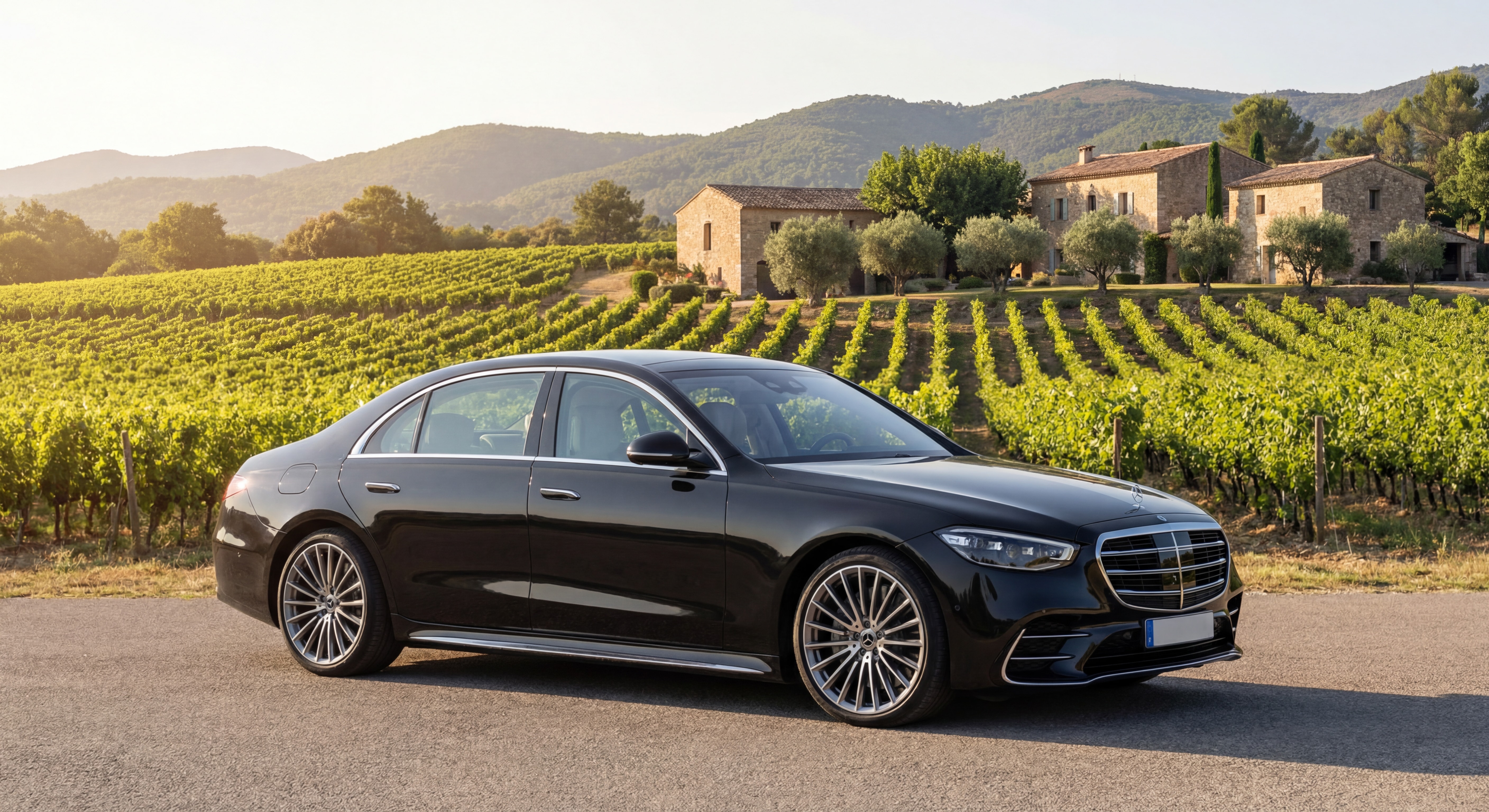 Vue extérieure d'une berline Mercedes noire premium stationnée devant les vignes de Solliès-Toucas