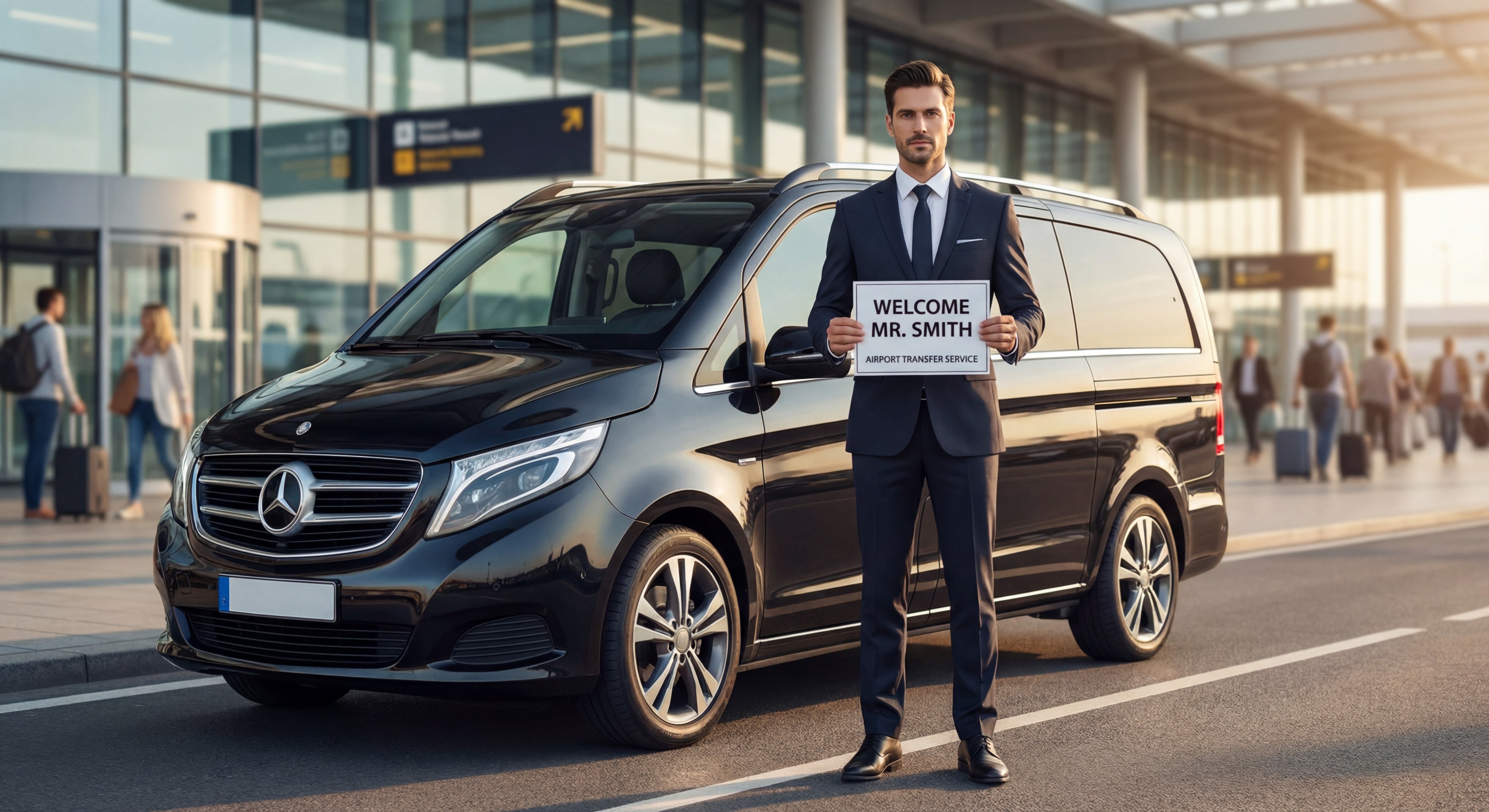 Chauffeur professionnel en costume devant un van Mercedes noir avec pancarte d'accueil à l'aéroport
