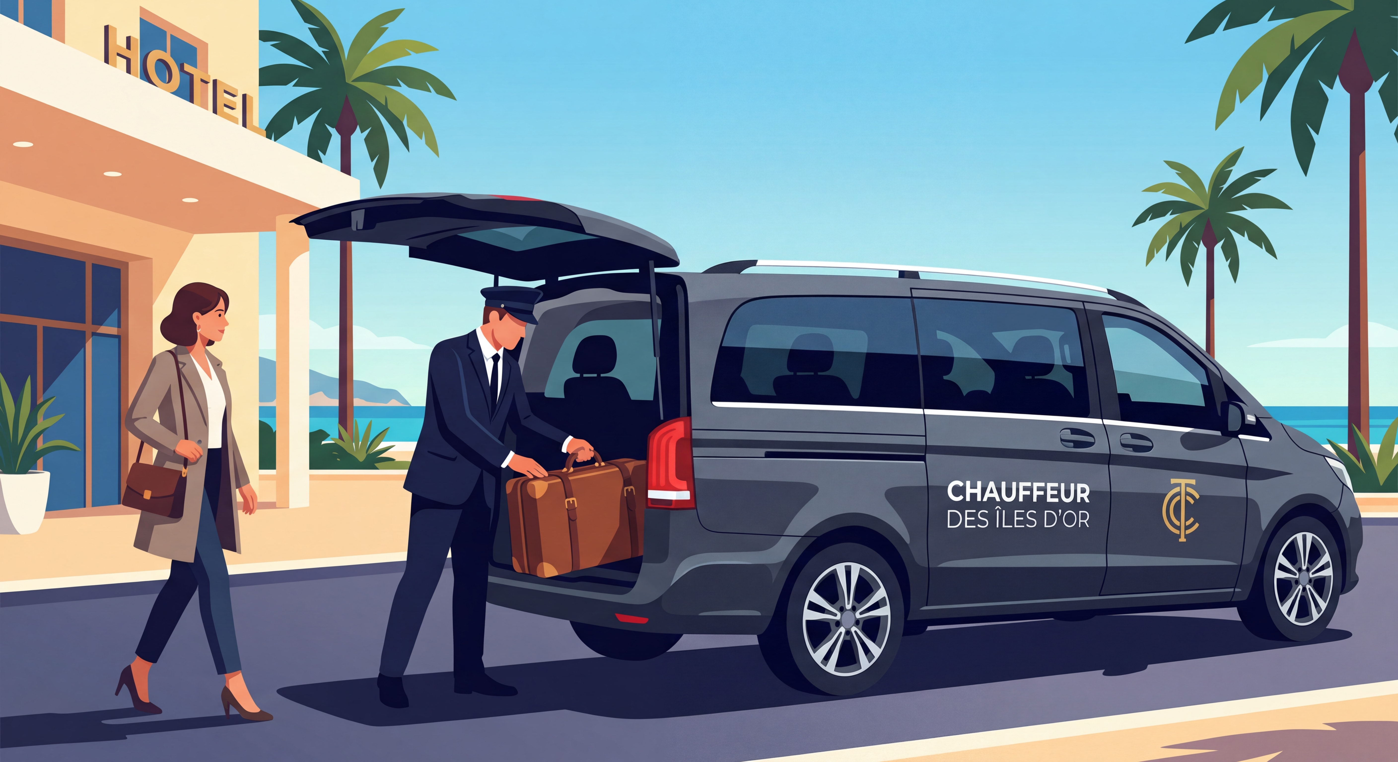 Chauffeur en costume aidant un client avec ses bagages devant un van Mercedes Chauffeur des Îles d'Or