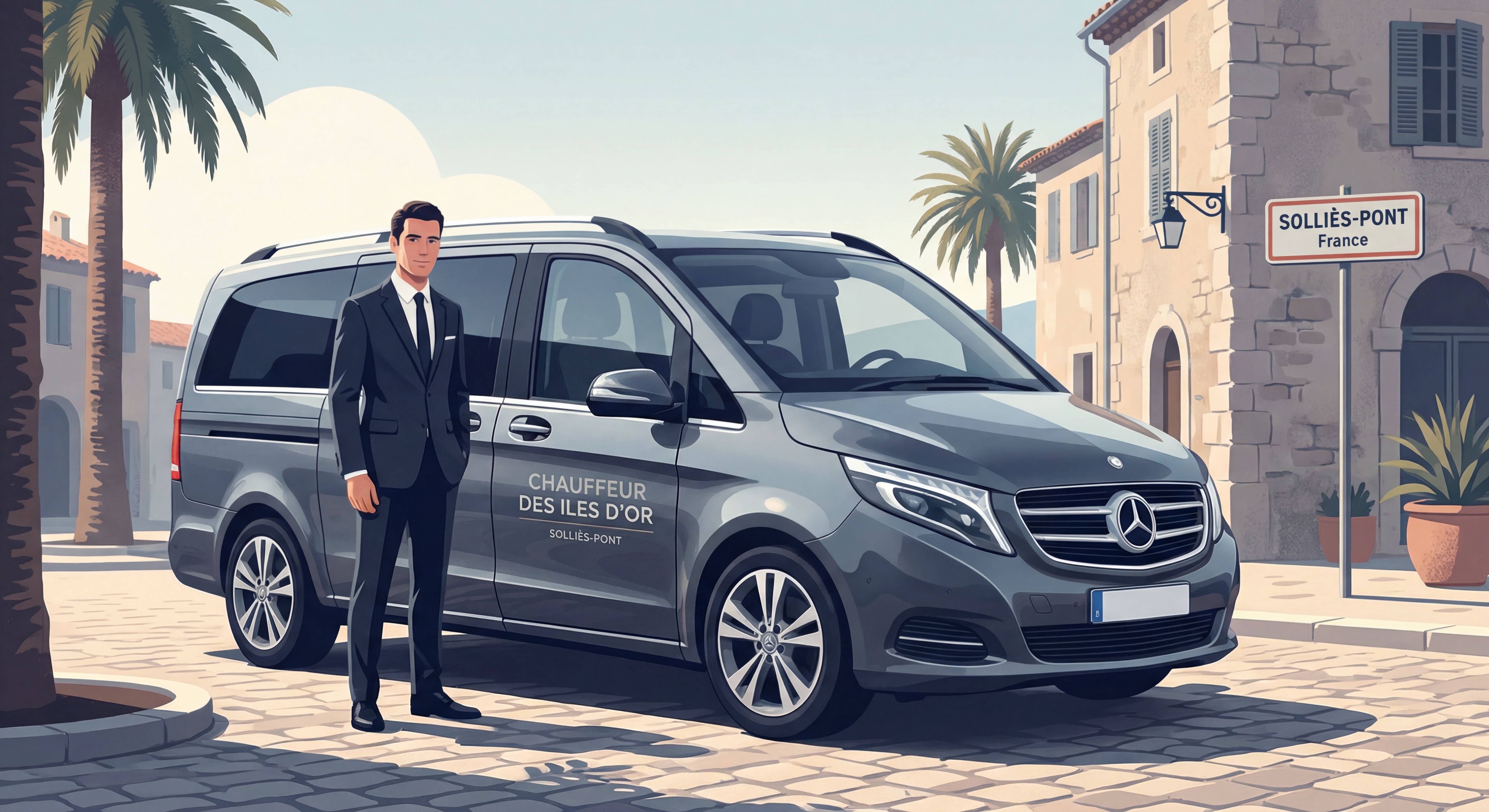 Chauffeur professionnel en costume noir devant van Mercedes Chauffeur des Iles d'Or à Solliès-Pont